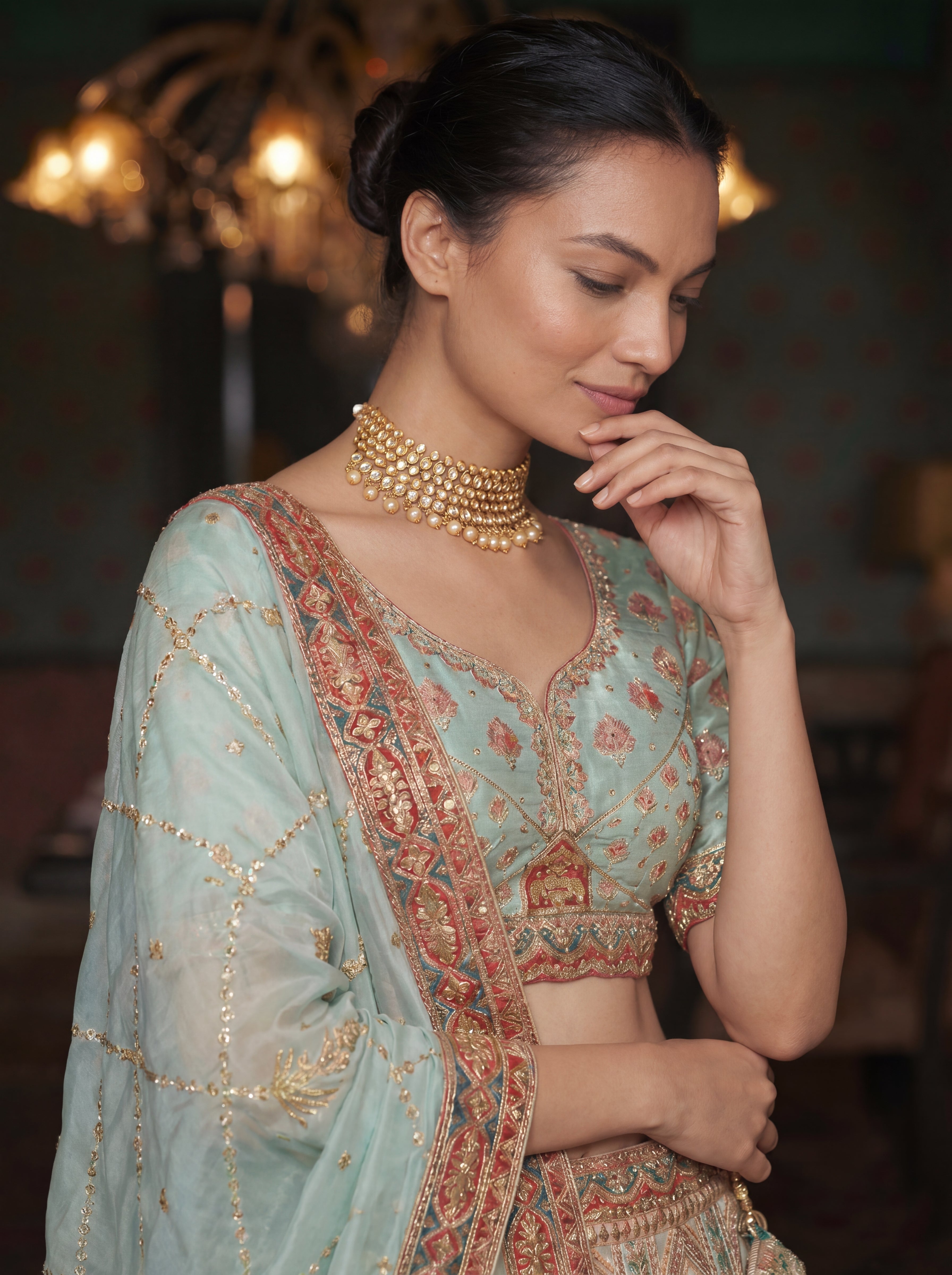 Pastel Green Viscose Sequins Embroidered Wedding Lehenga Choli Set