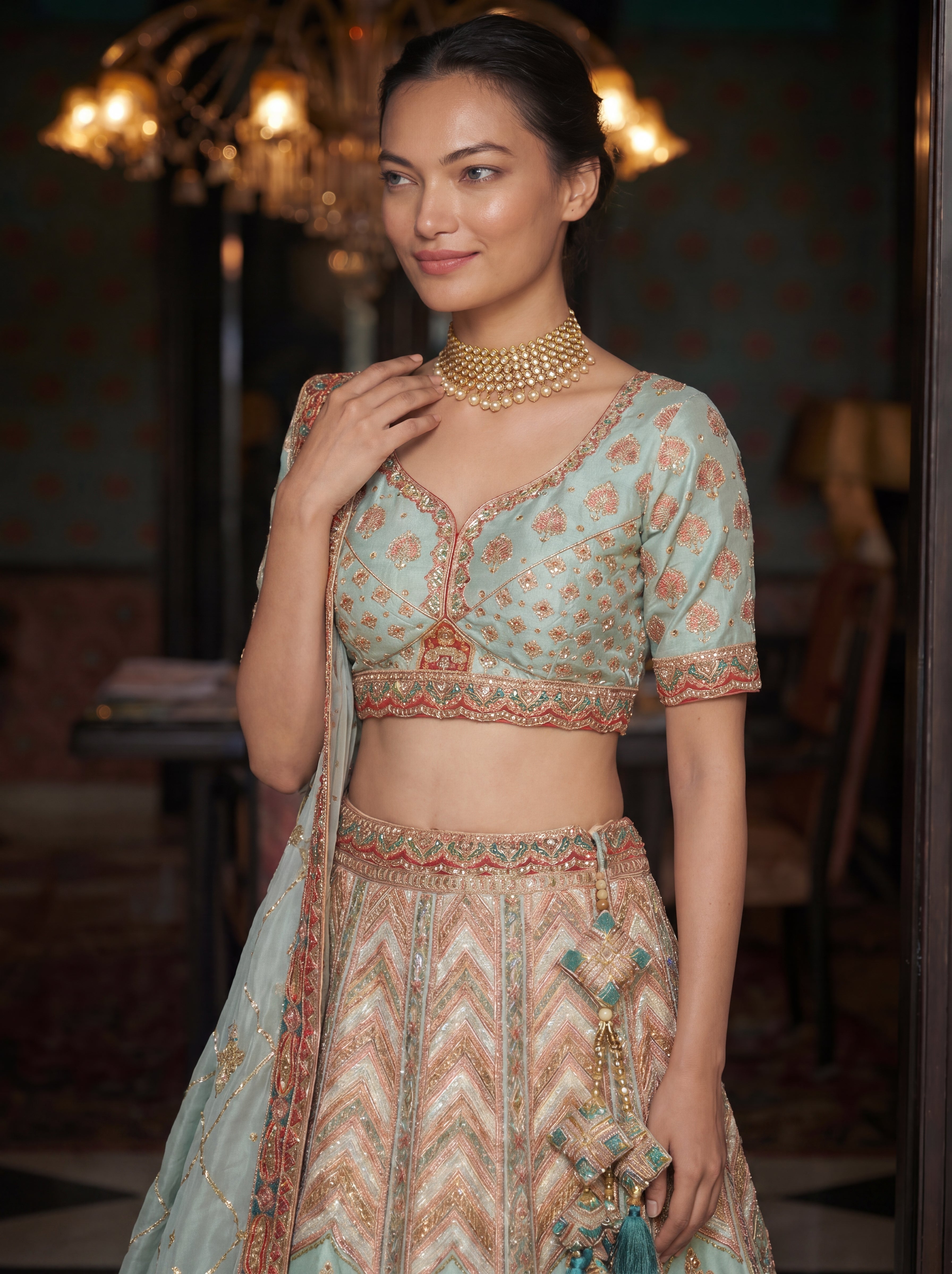Pastel Green Viscose Sequins Embroidered Wedding Lehenga Choli Set