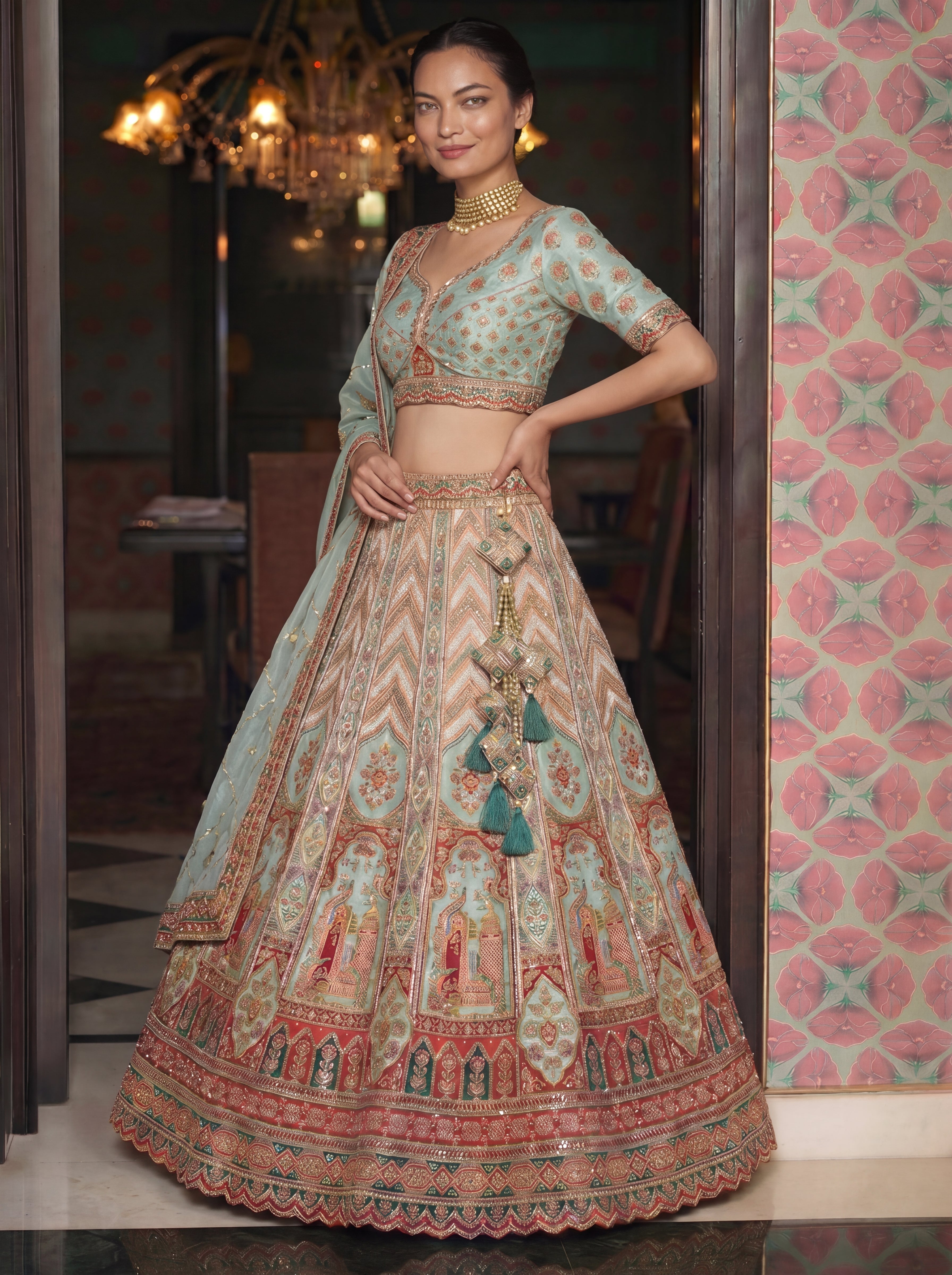 Pastel Green Viscose Sequins Embroidered Wedding Lehenga Choli Set