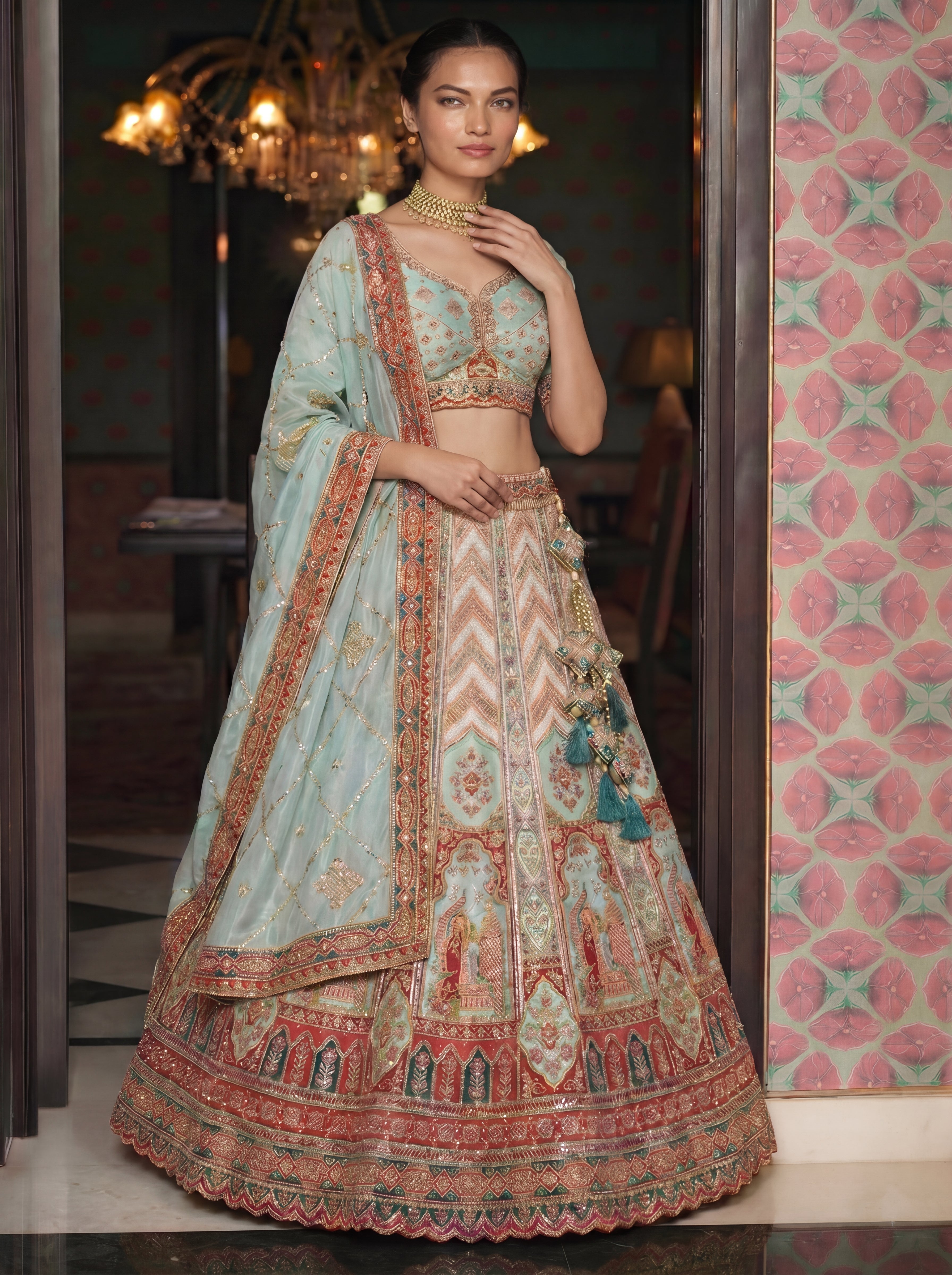 Pastel Green Viscose Sequins Embroidered Wedding Lehenga Choli Set