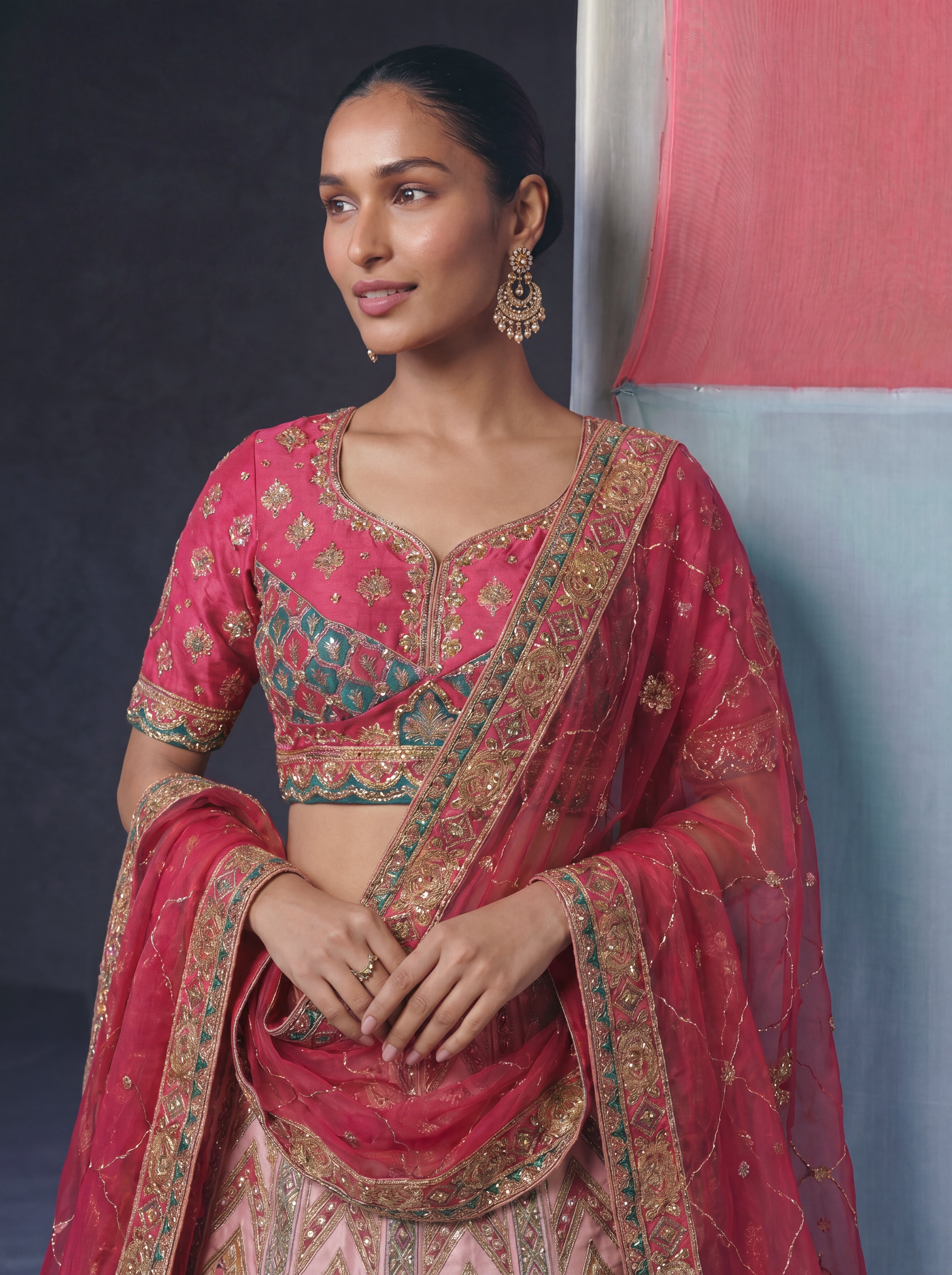 Hot Pink Viscose Sequins Cording Bridal Lehenga Choli Set