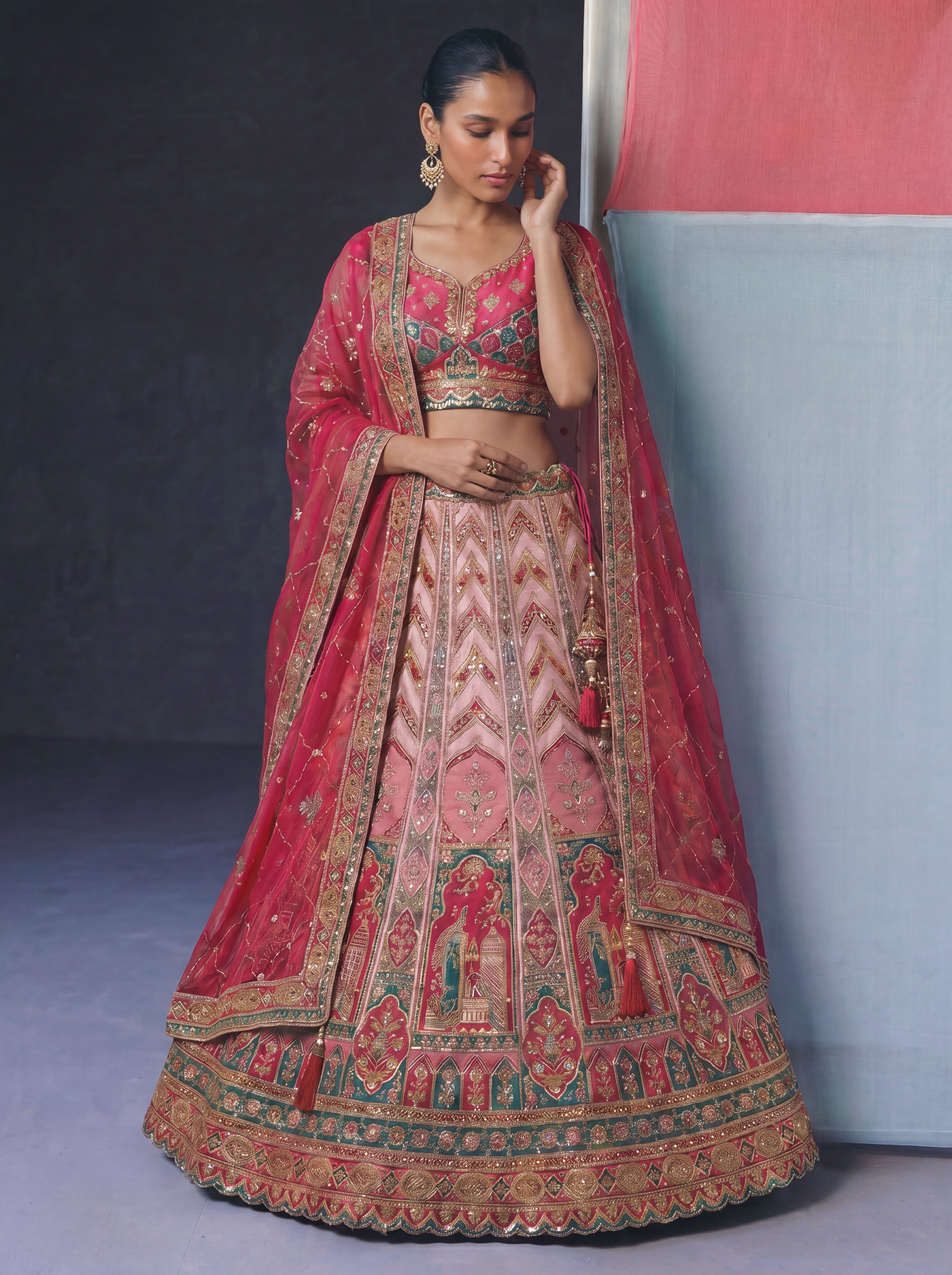 Hot Pink Viscose Sequins Cording Bridal Lehenga Choli Set