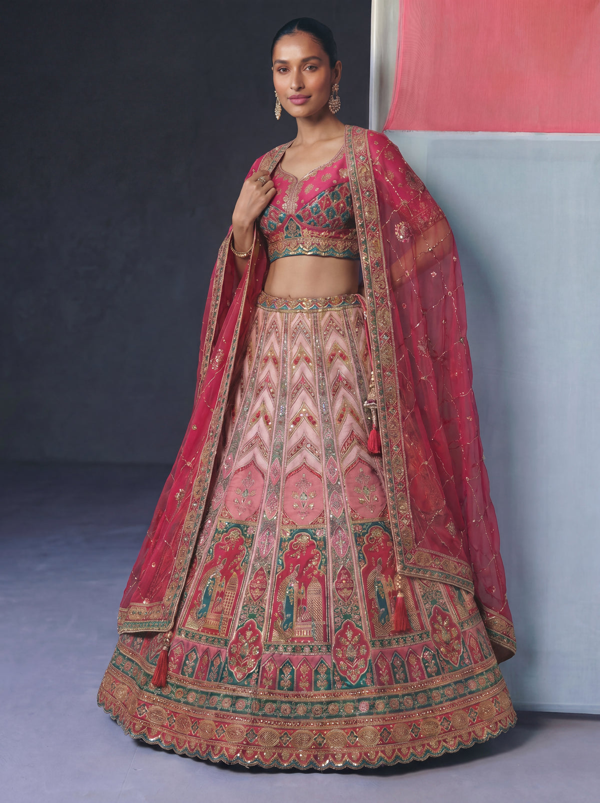 Hot Pink Viscose Sequins Cording Bridal Lehenga Choli Set