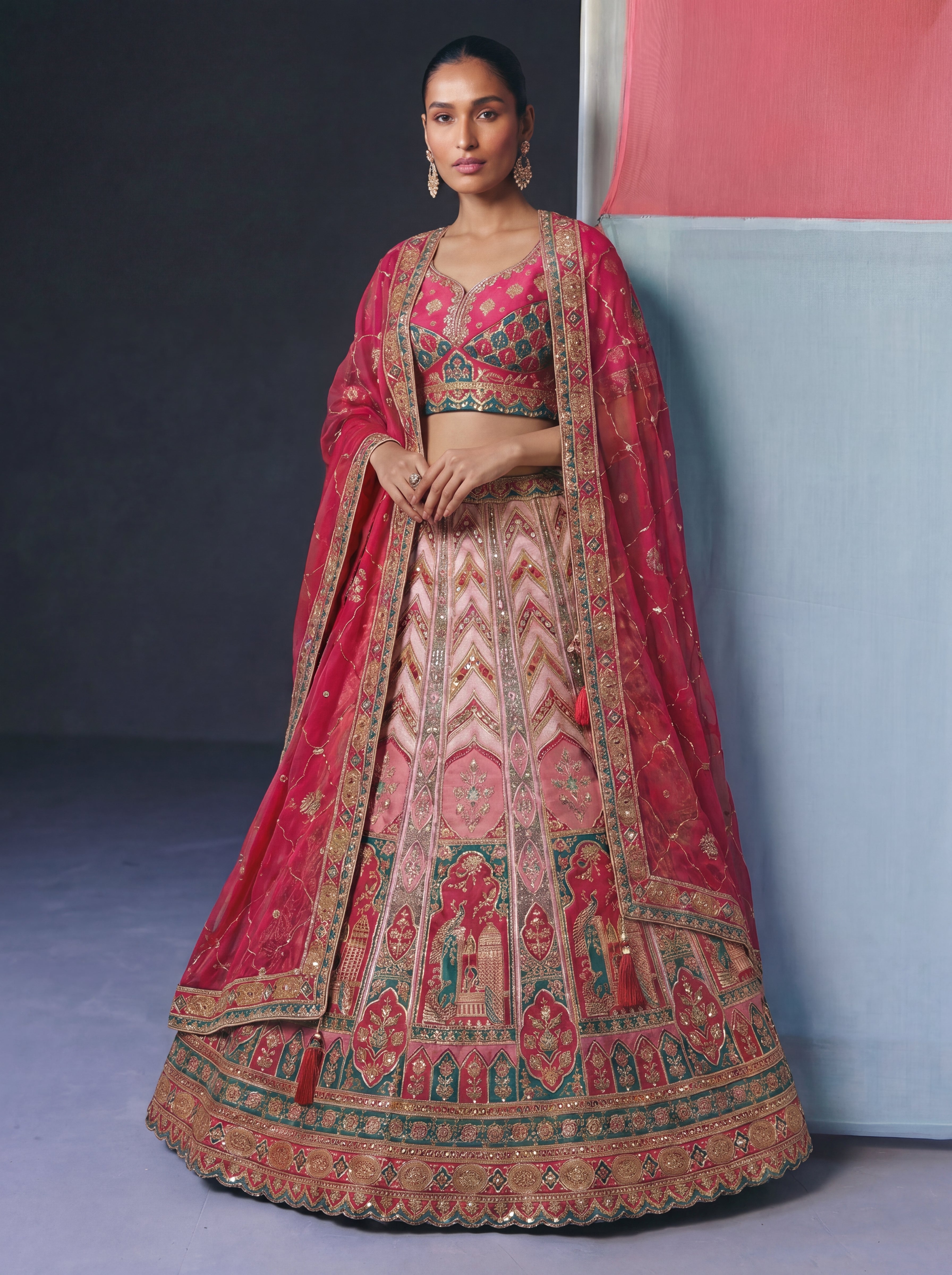 Hot Pink Viscose Sequins Cording Bridal Lehenga Choli Set