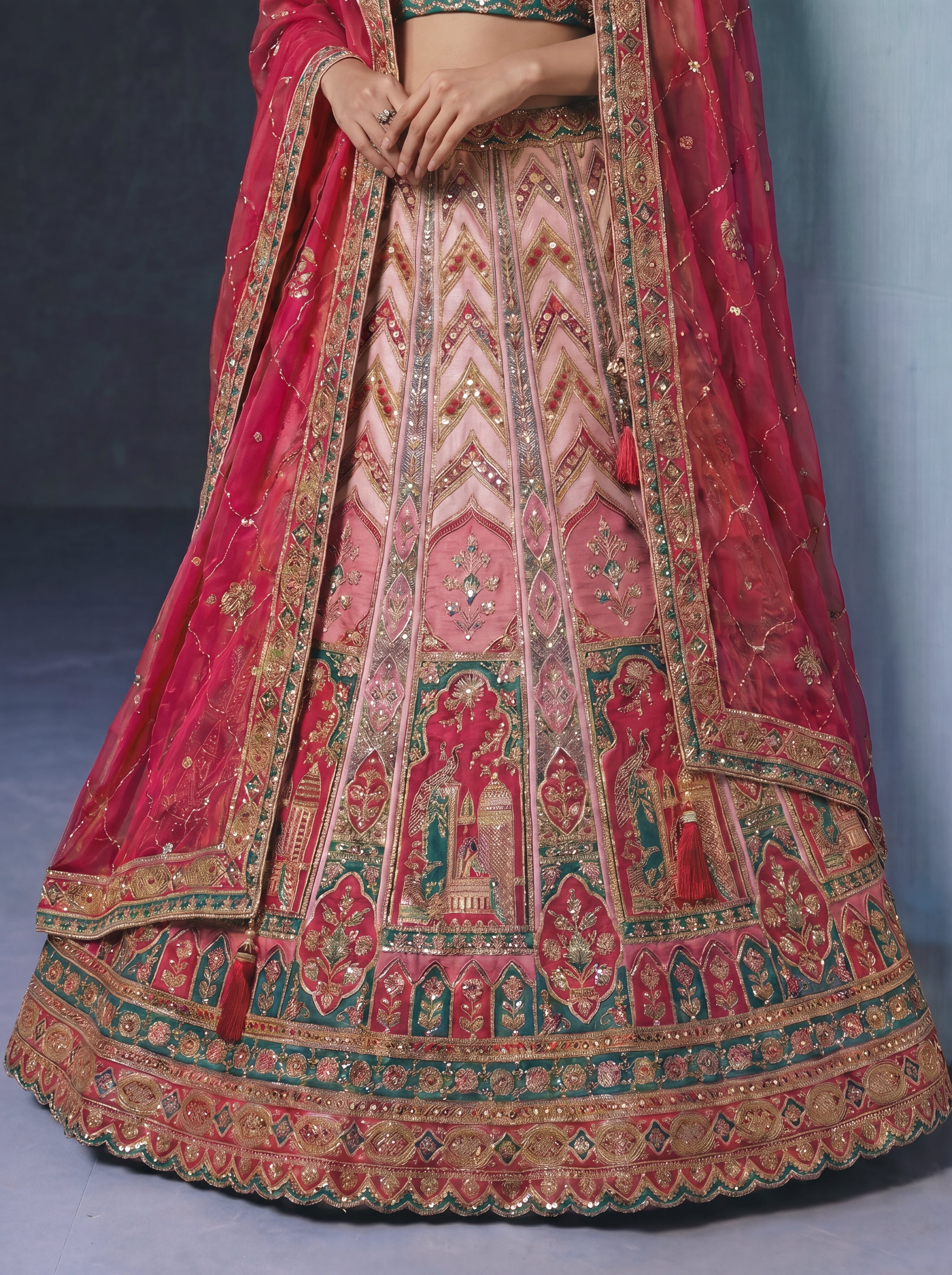 Hot Pink Viscose Sequins Cording Bridal Lehenga Choli Set