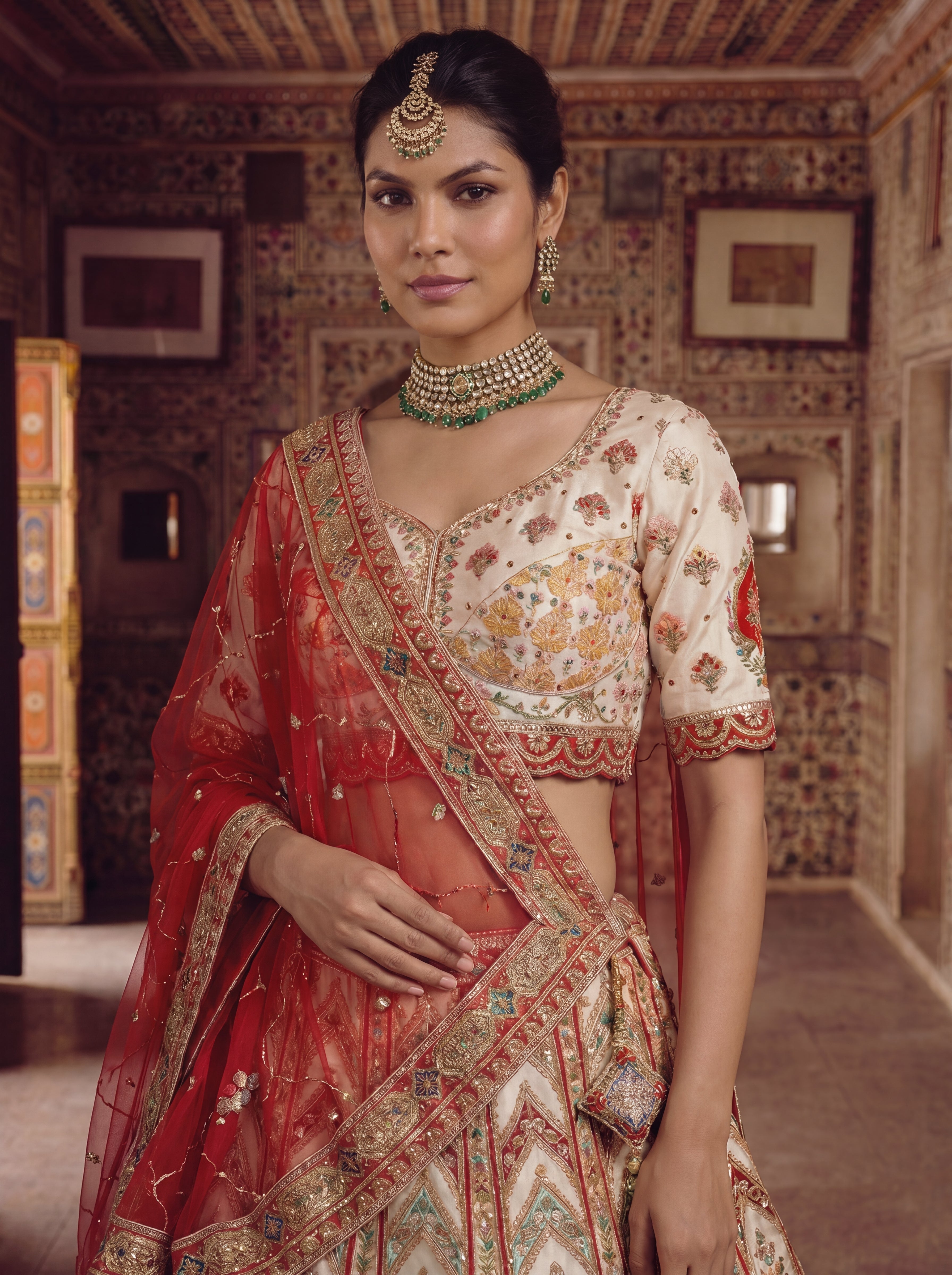 Ivory Cream Viscose Position Printed Sequins Bridal Lehenga Choli