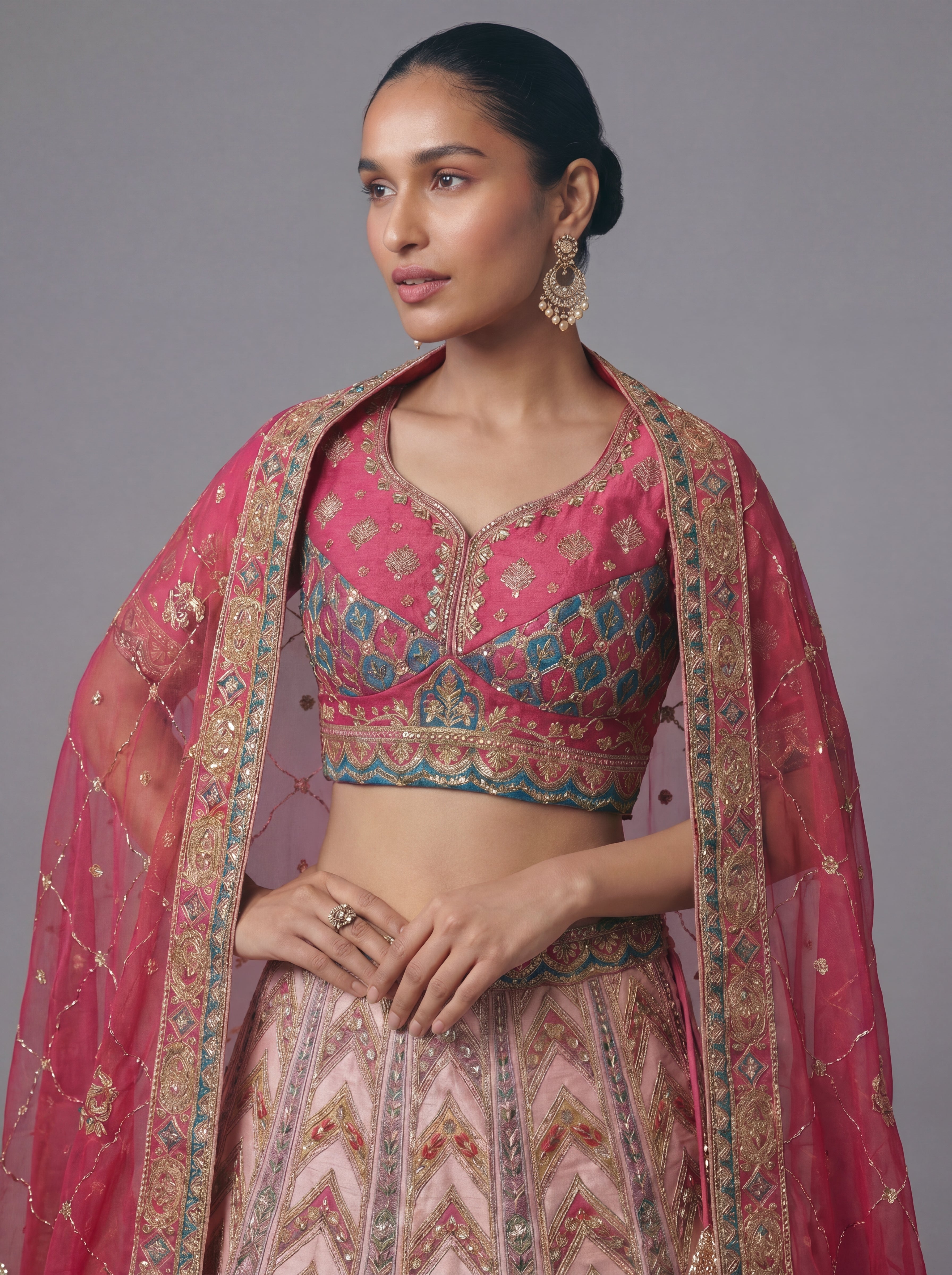 Hot Pink Viscose Sequins Cording Bridal Lehenga Choli Set