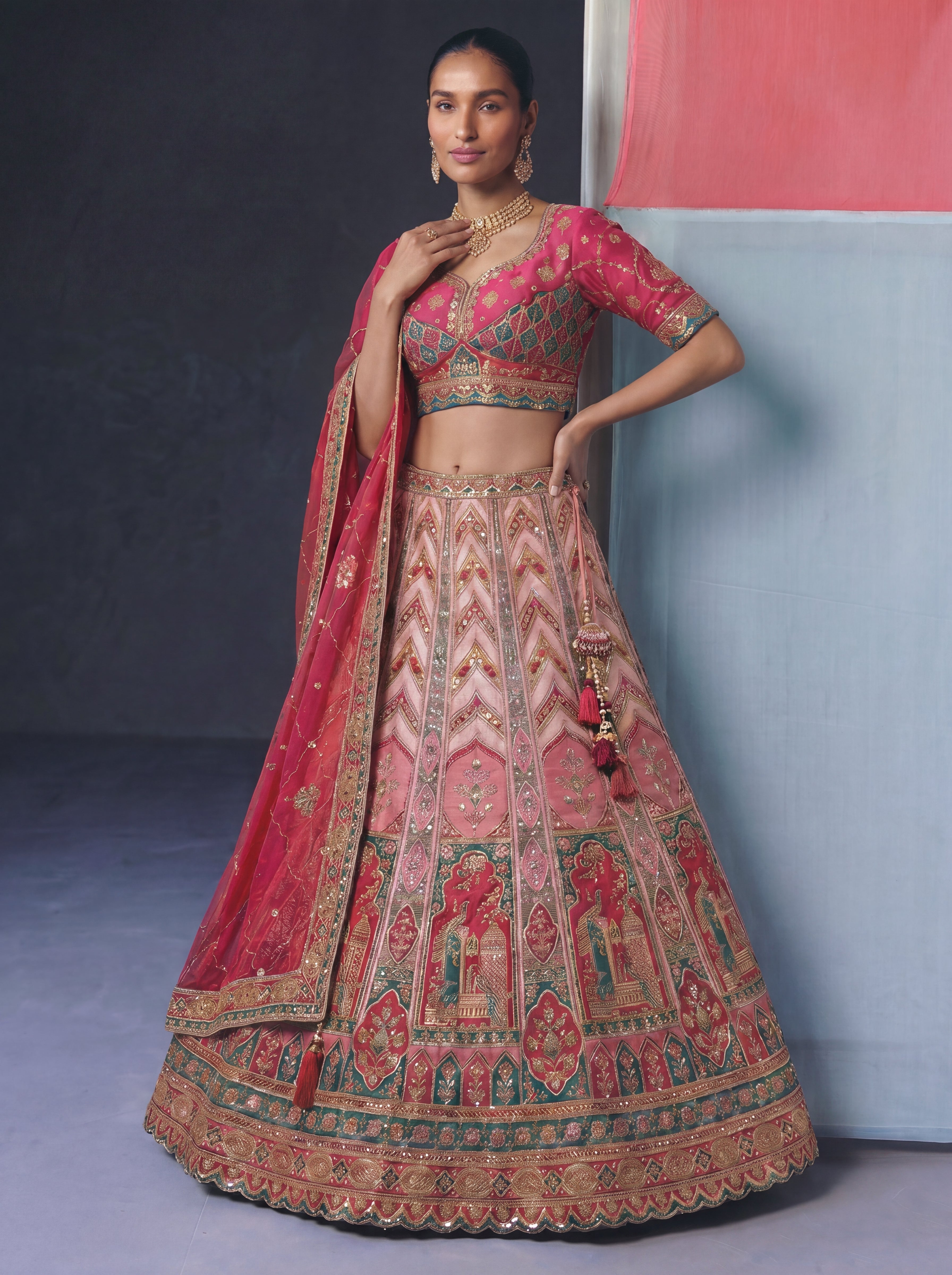 Hot Pink Viscose Sequins Cording Bridal Lehenga Choli Set