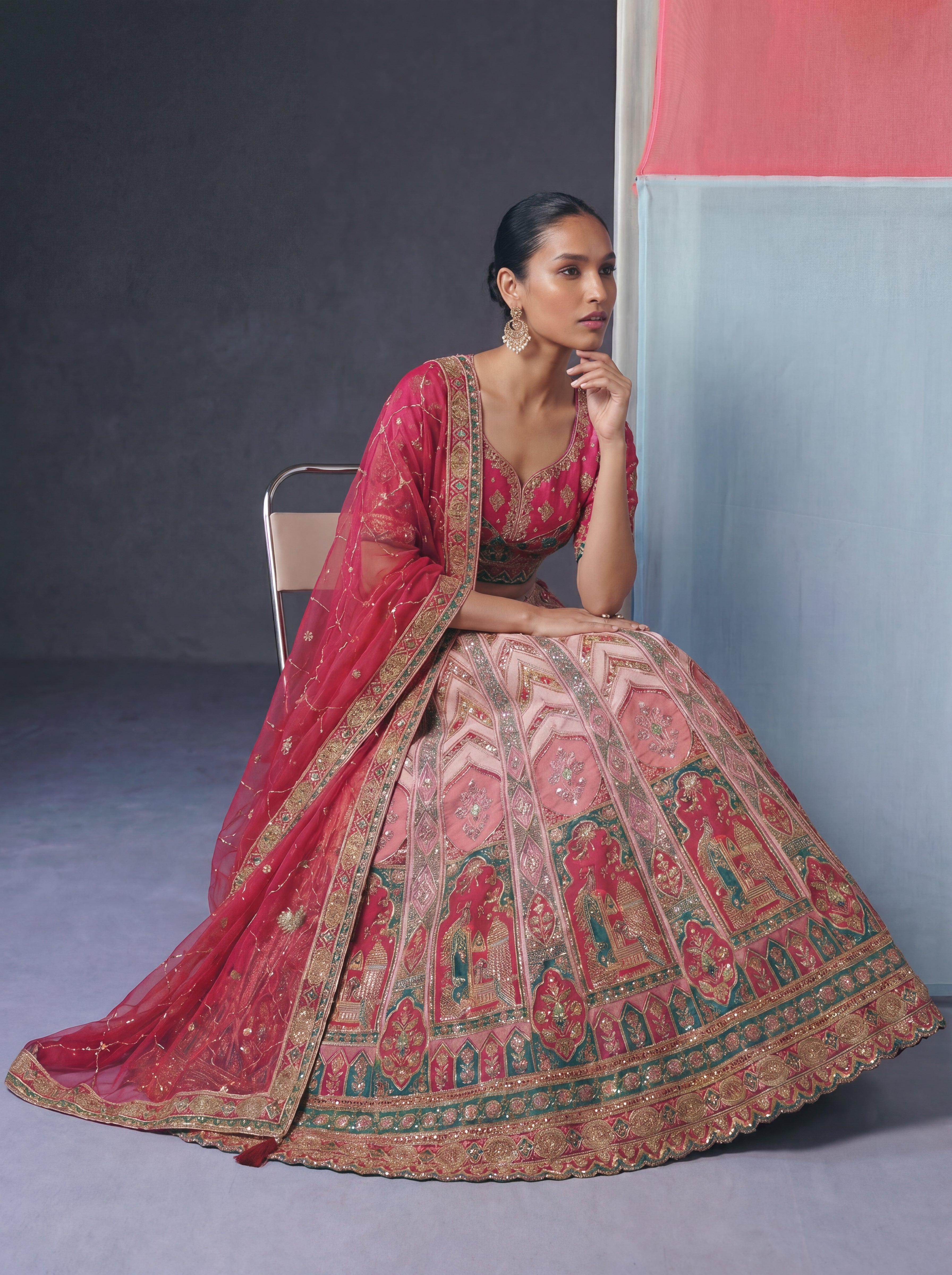 Hot Pink Viscose Sequins Cording Bridal Lehenga Choli Set