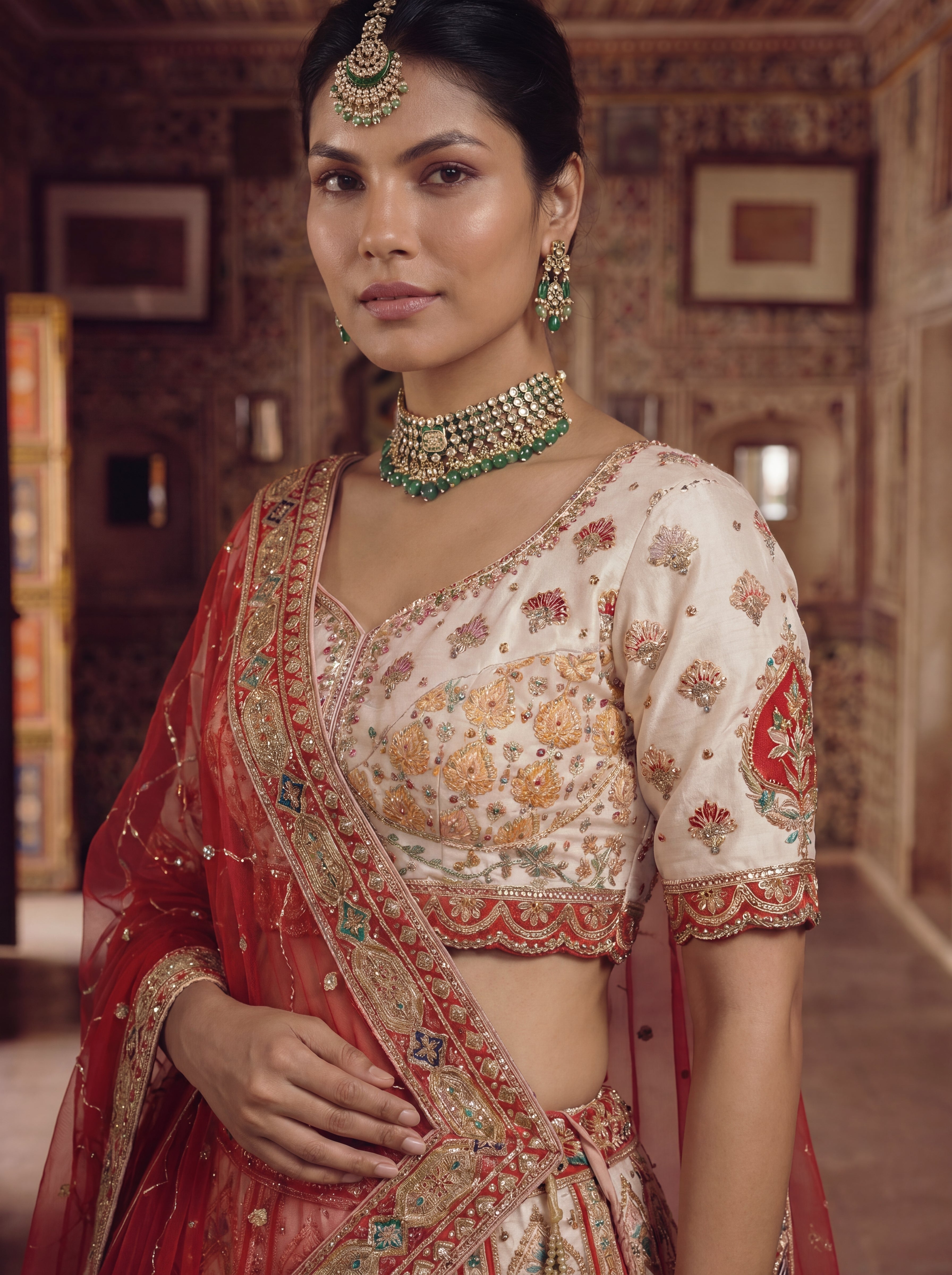 Ivory Cream Viscose Position Printed Sequins Bridal Lehenga Choli
