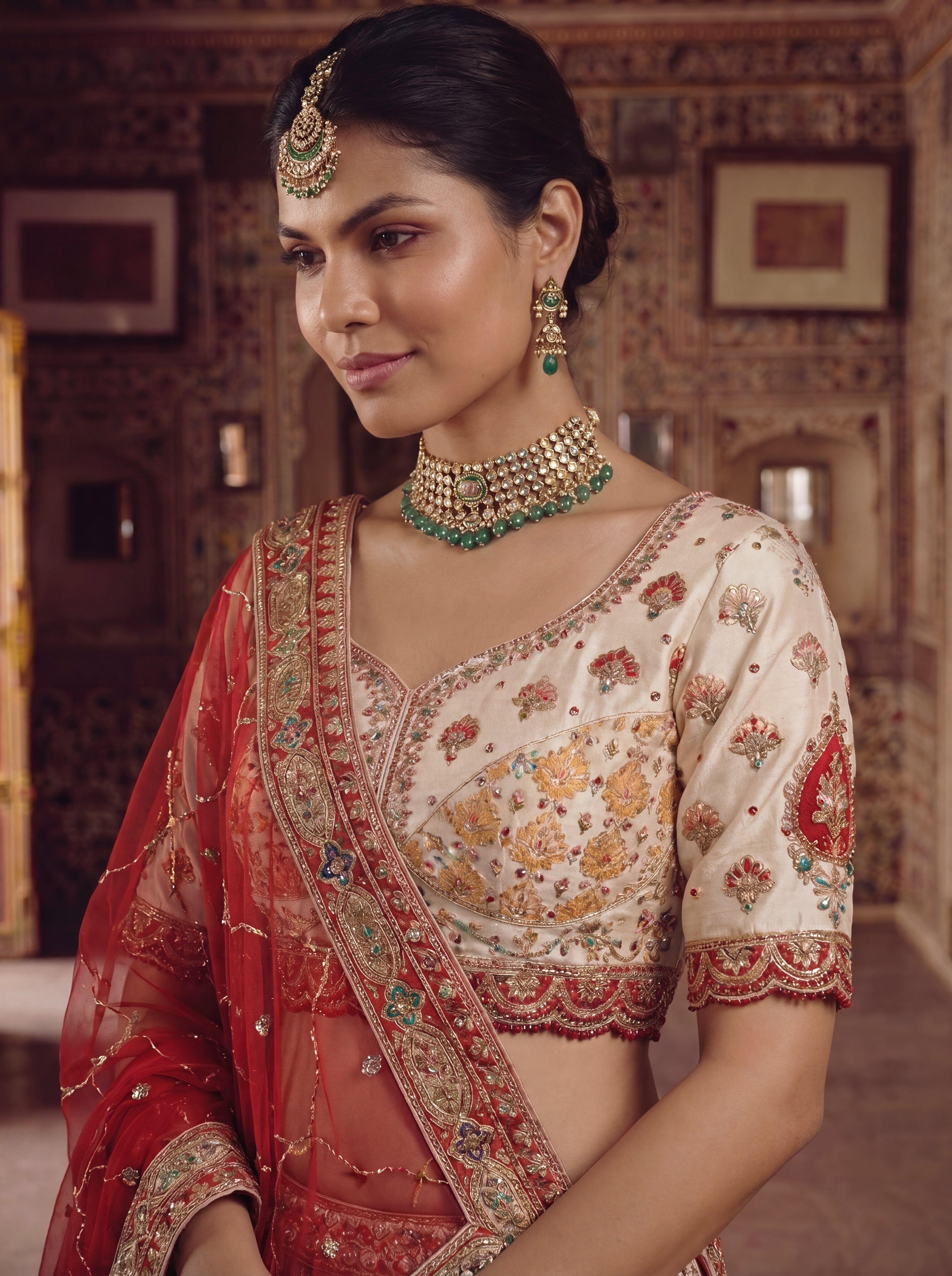 Ivory Cream Viscose Position Printed Sequins Bridal Lehenga Choli