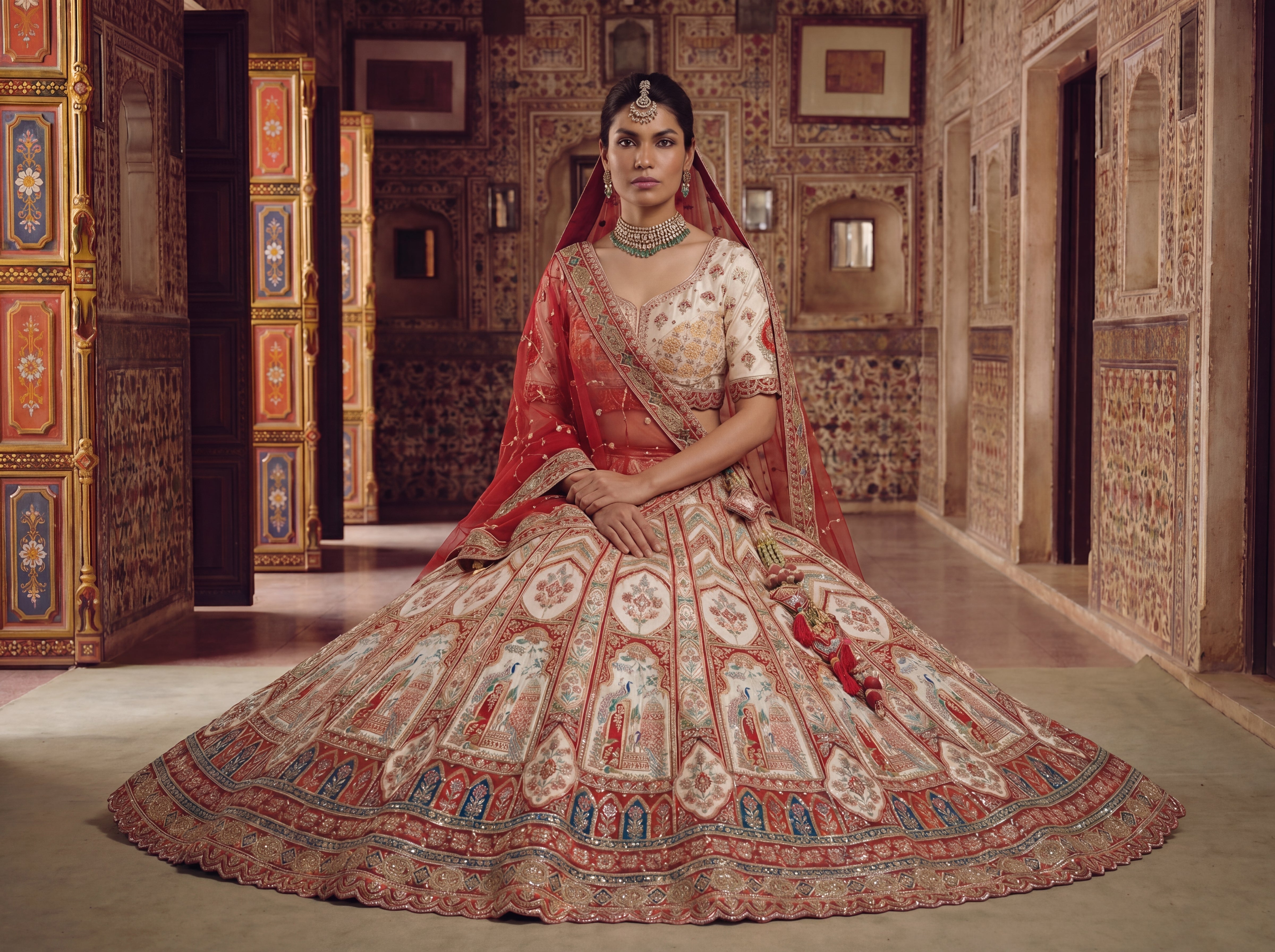 Ivory Cream Viscose Position Printed Sequins Bridal Lehenga Choli