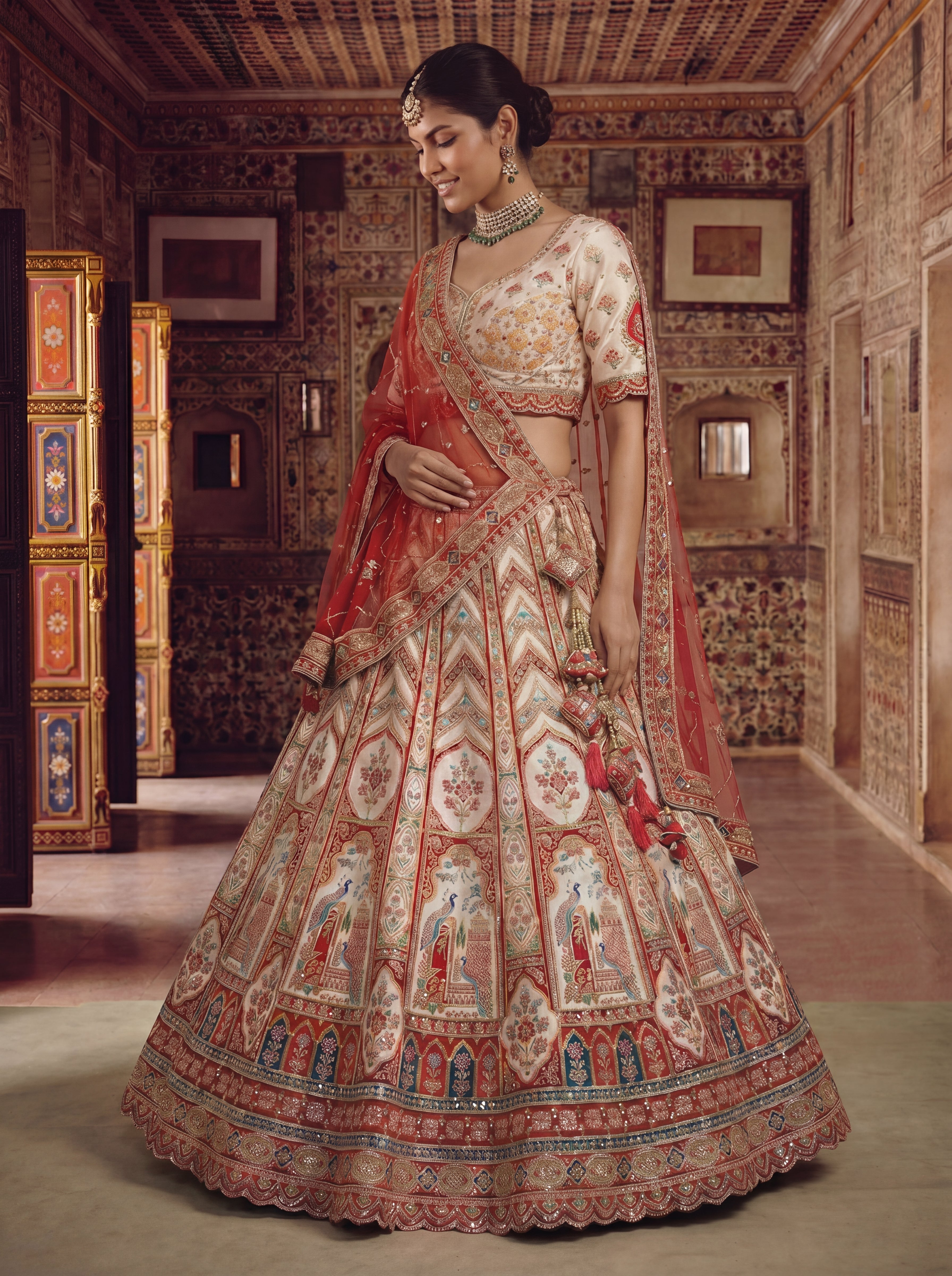 Ivory Cream Viscose Position Printed Sequins Bridal Lehenga Choli