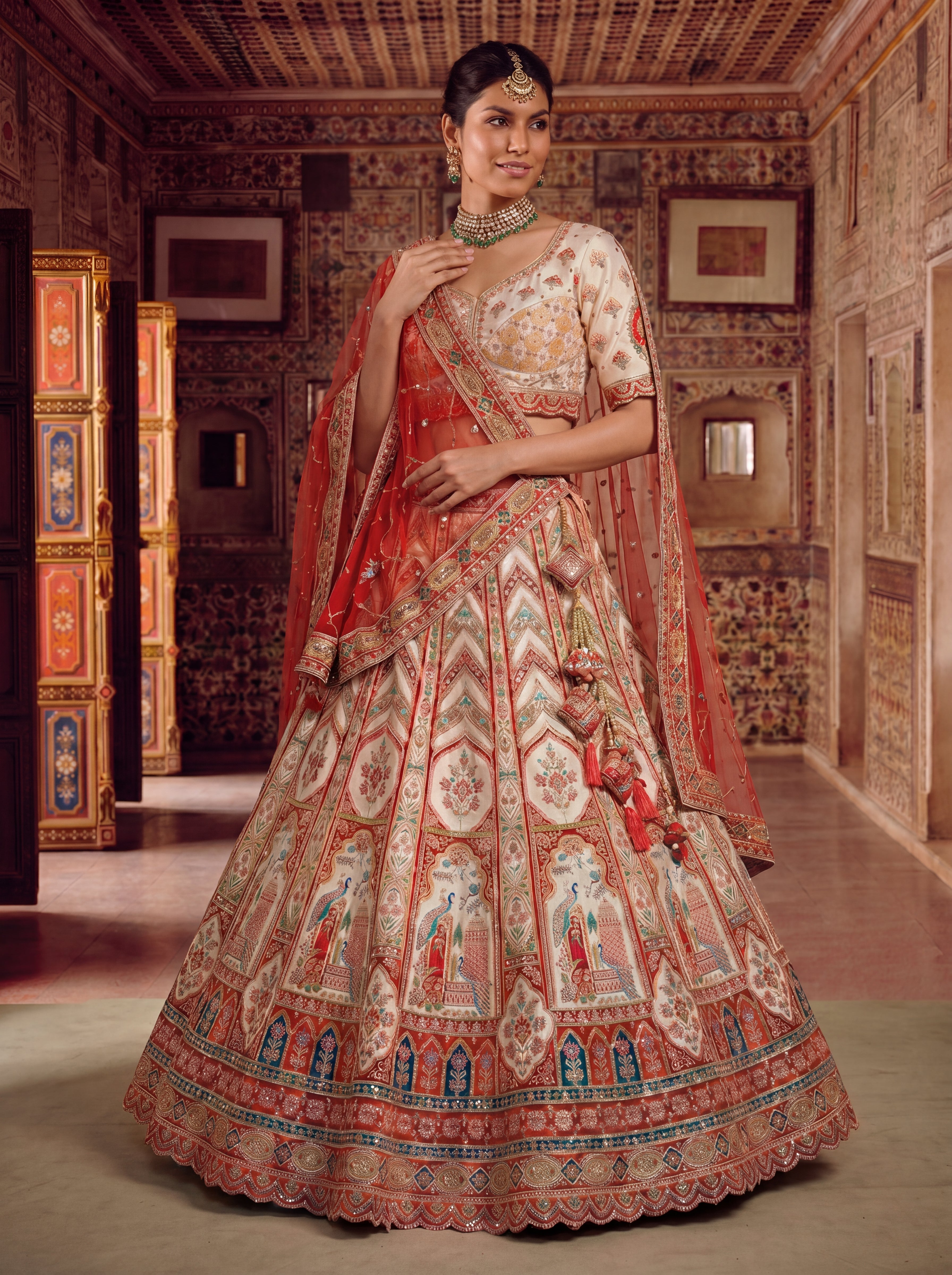 Ivory Cream Viscose Position Printed Sequins Bridal Lehenga Choli