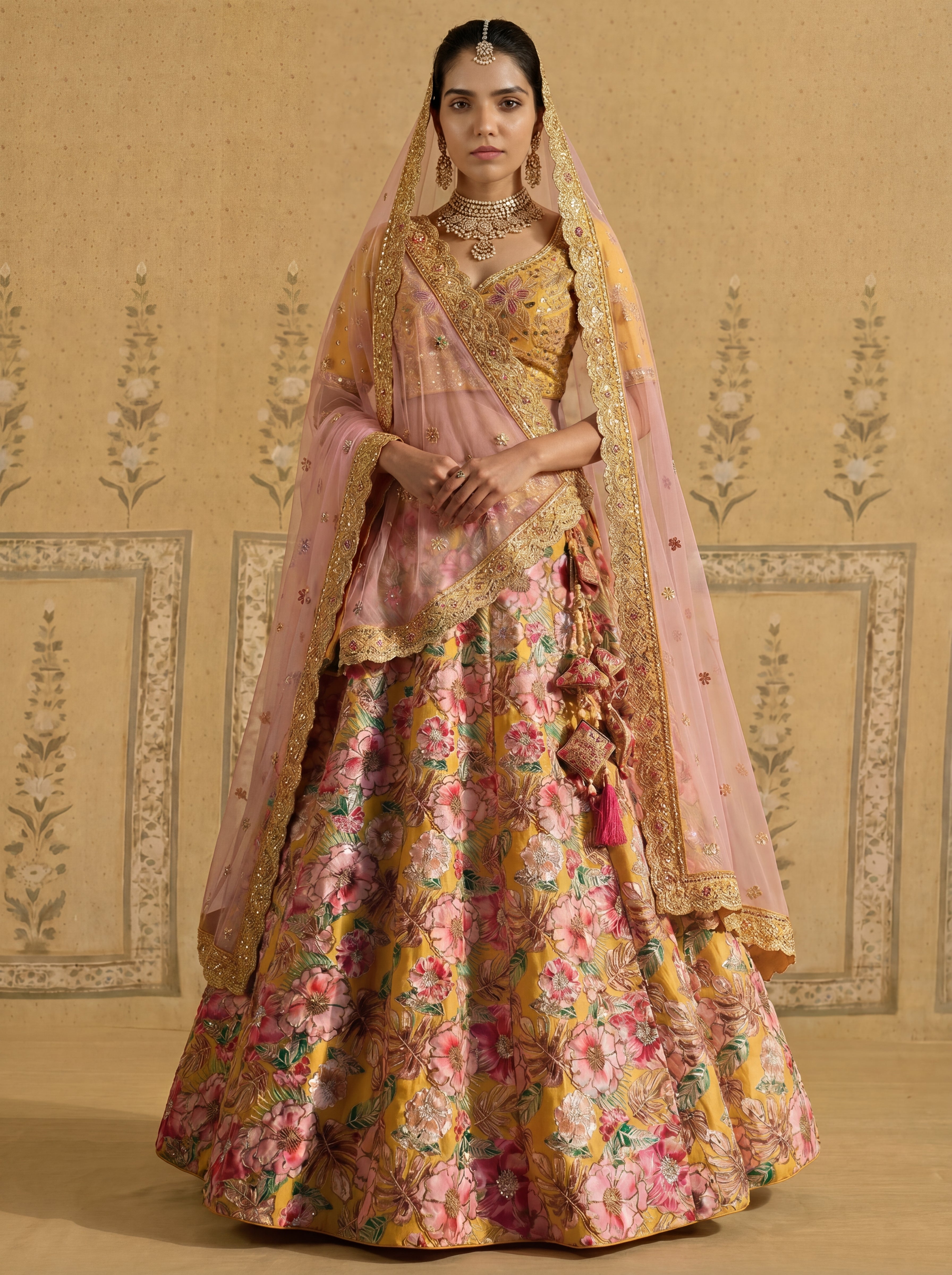 Mustard Yellow Viscose Sequins Cording Bridal Lehenga Choli Set