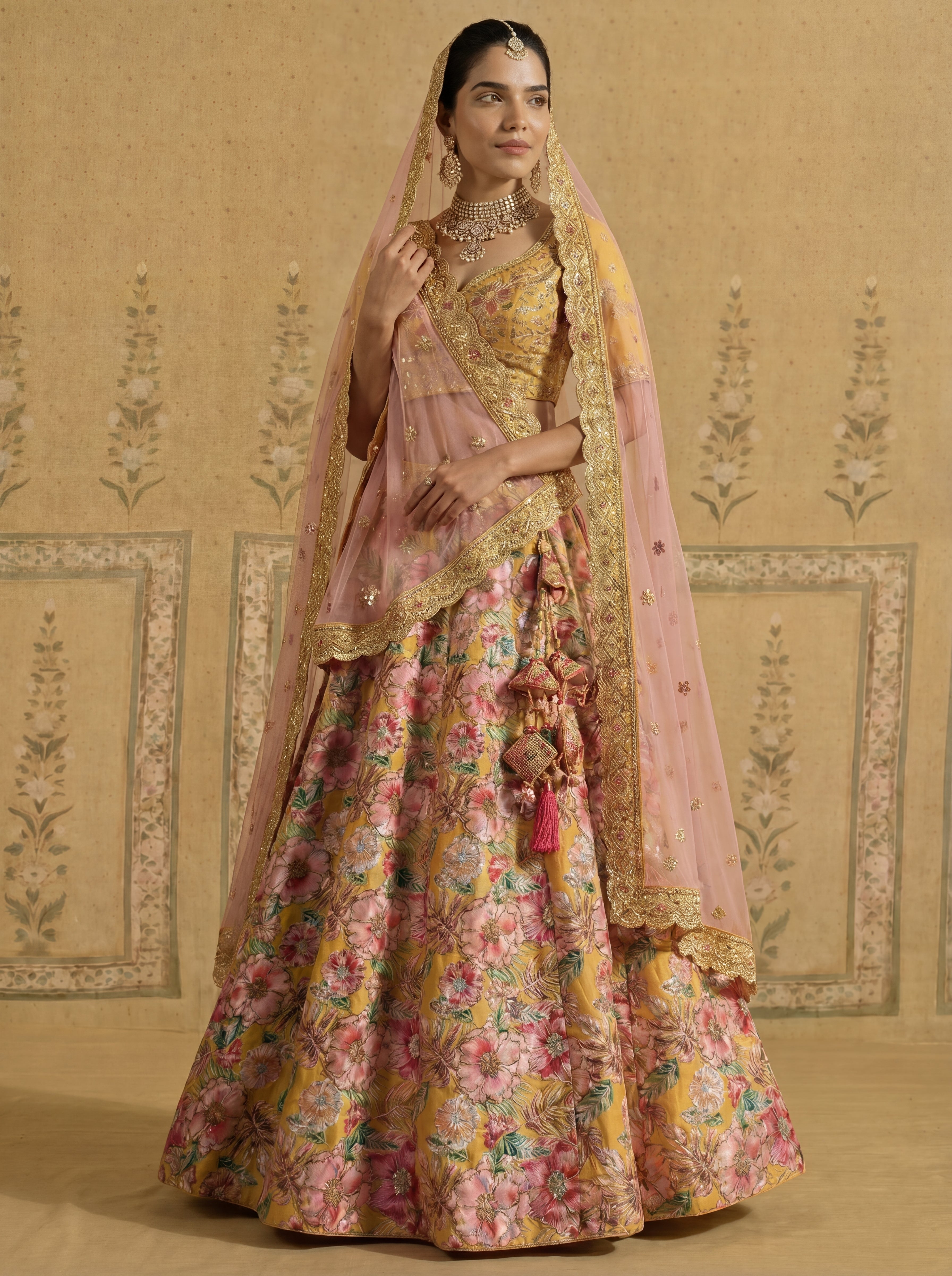 Mustard Yellow Viscose Sequins Cording Bridal Lehenga Choli Set