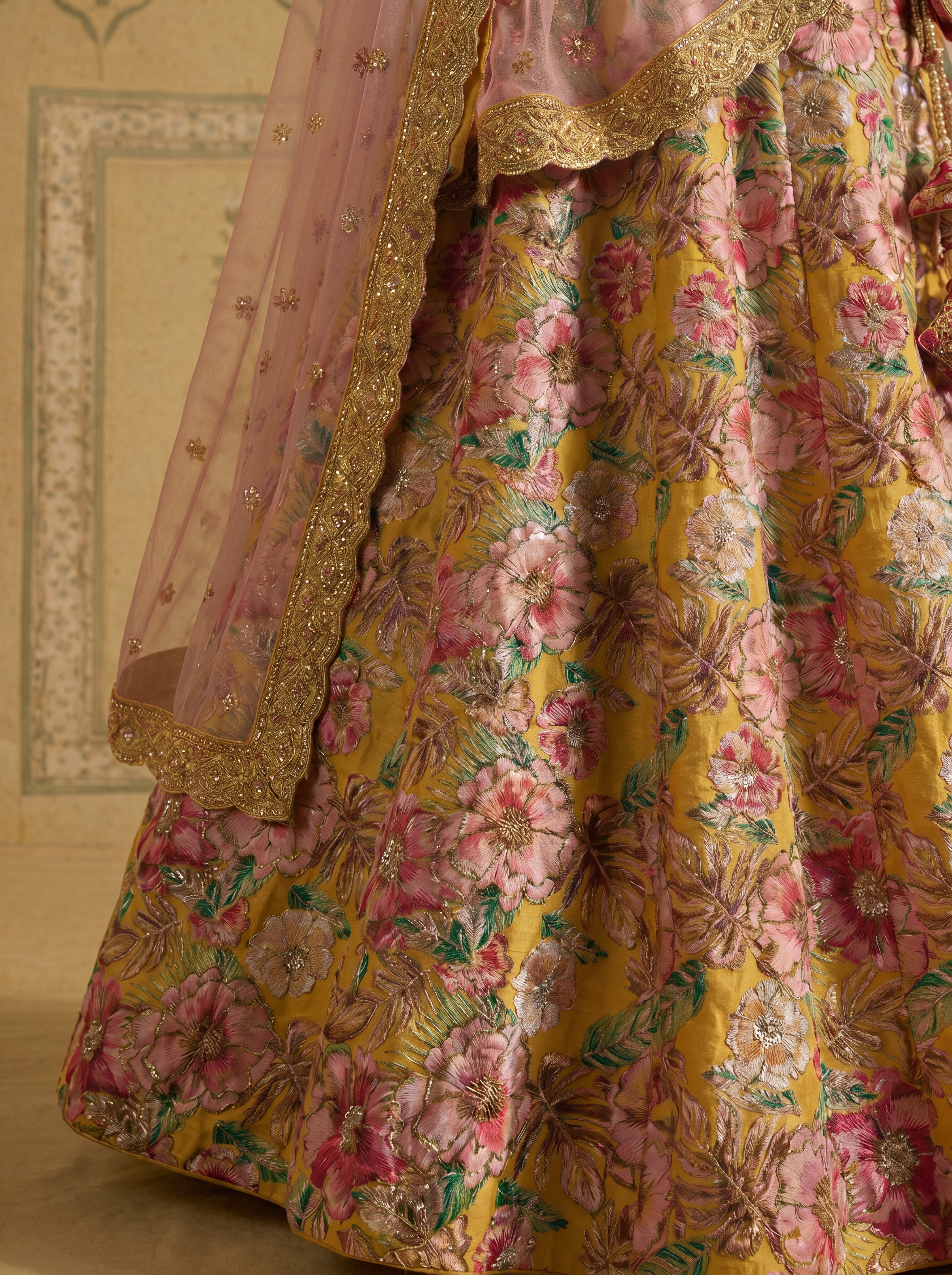 Mustard Yellow Viscose Sequins Cording Bridal Lehenga Choli Set