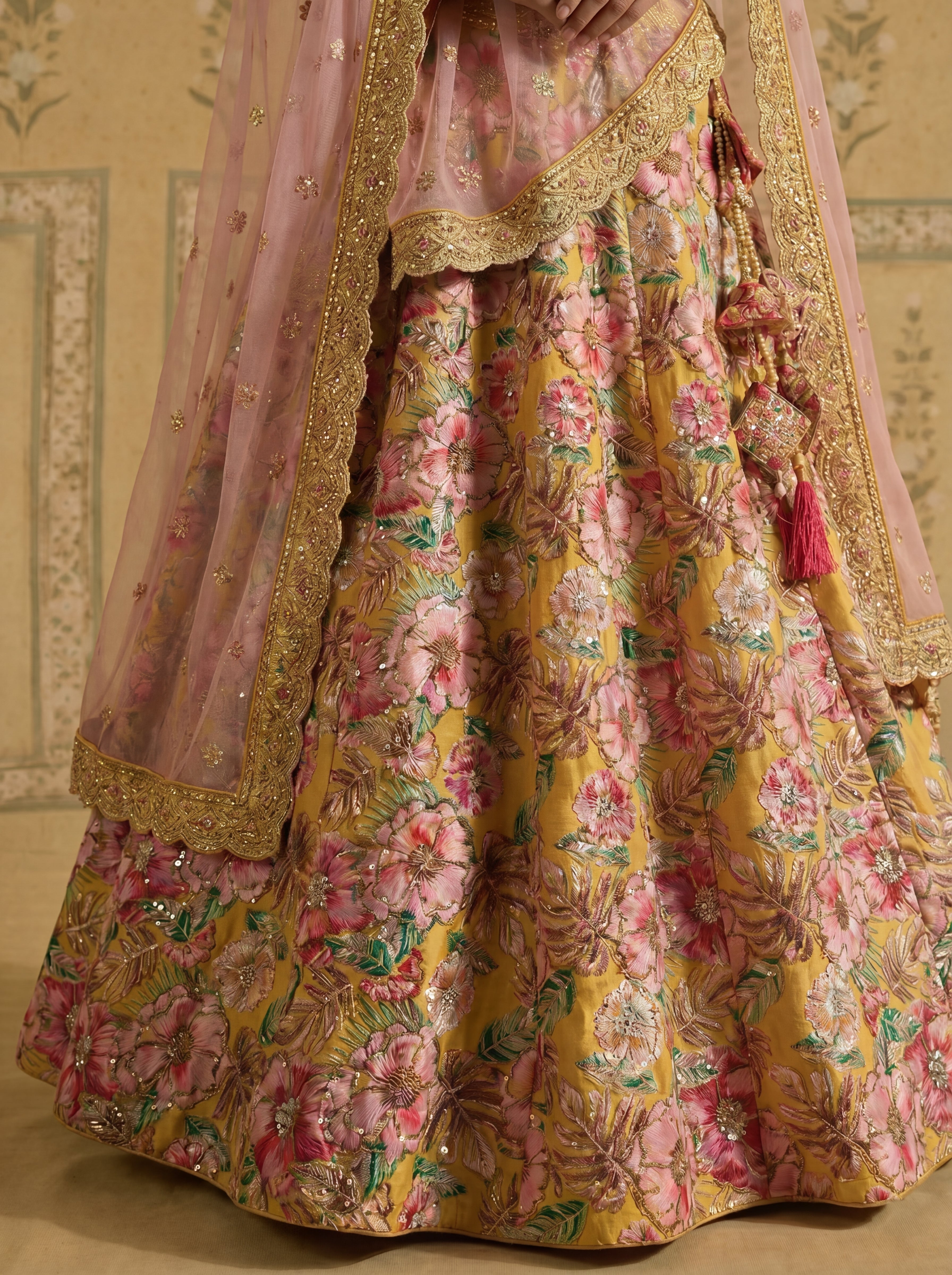 Mustard Yellow Viscose Sequins Cording Bridal Lehenga Choli Set