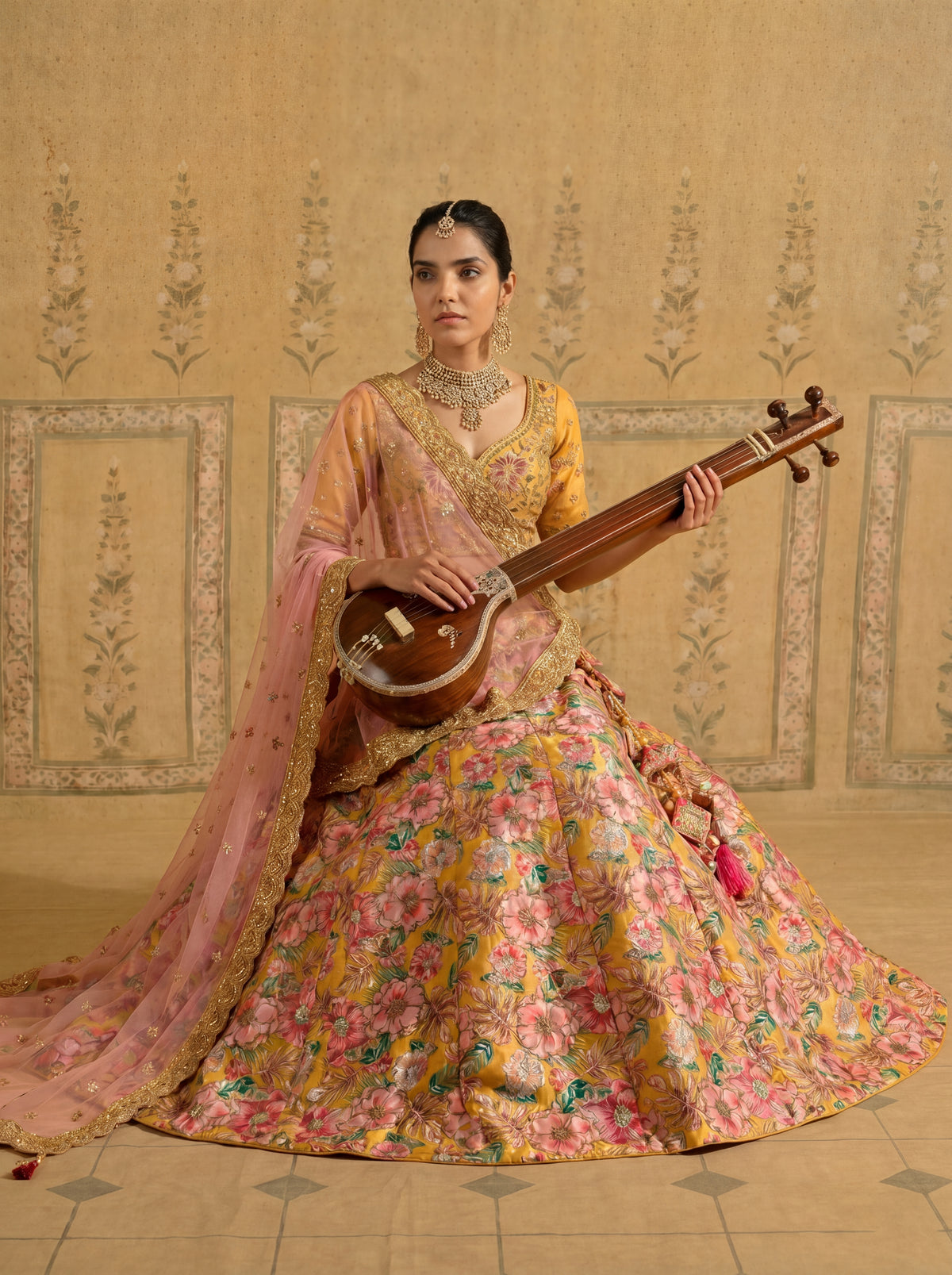 Mustard Yellow Viscose Sequins Cording Bridal Lehenga Choli Set