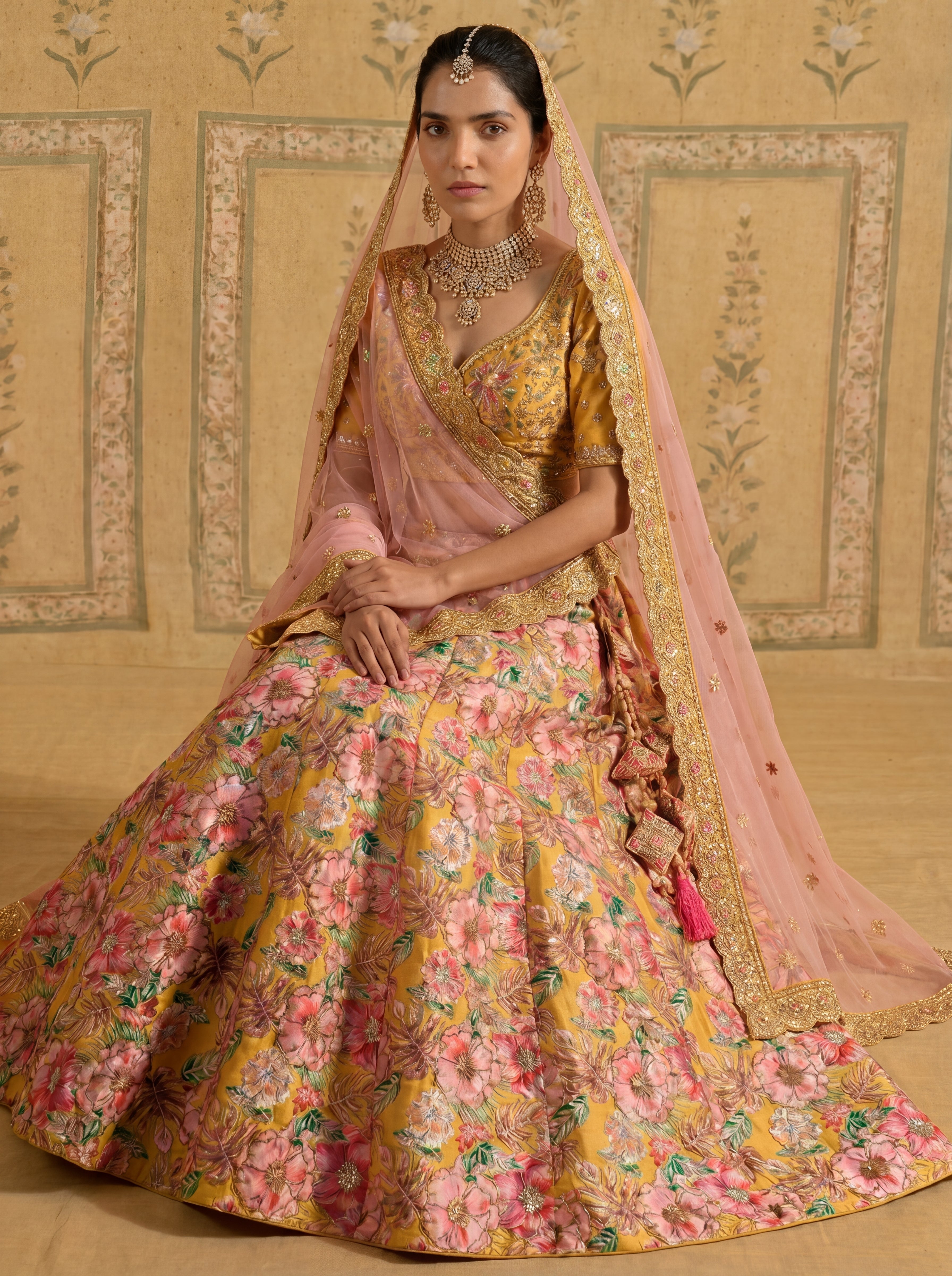 Mustard Yellow Viscose Sequins Cording Bridal Lehenga Choli Set