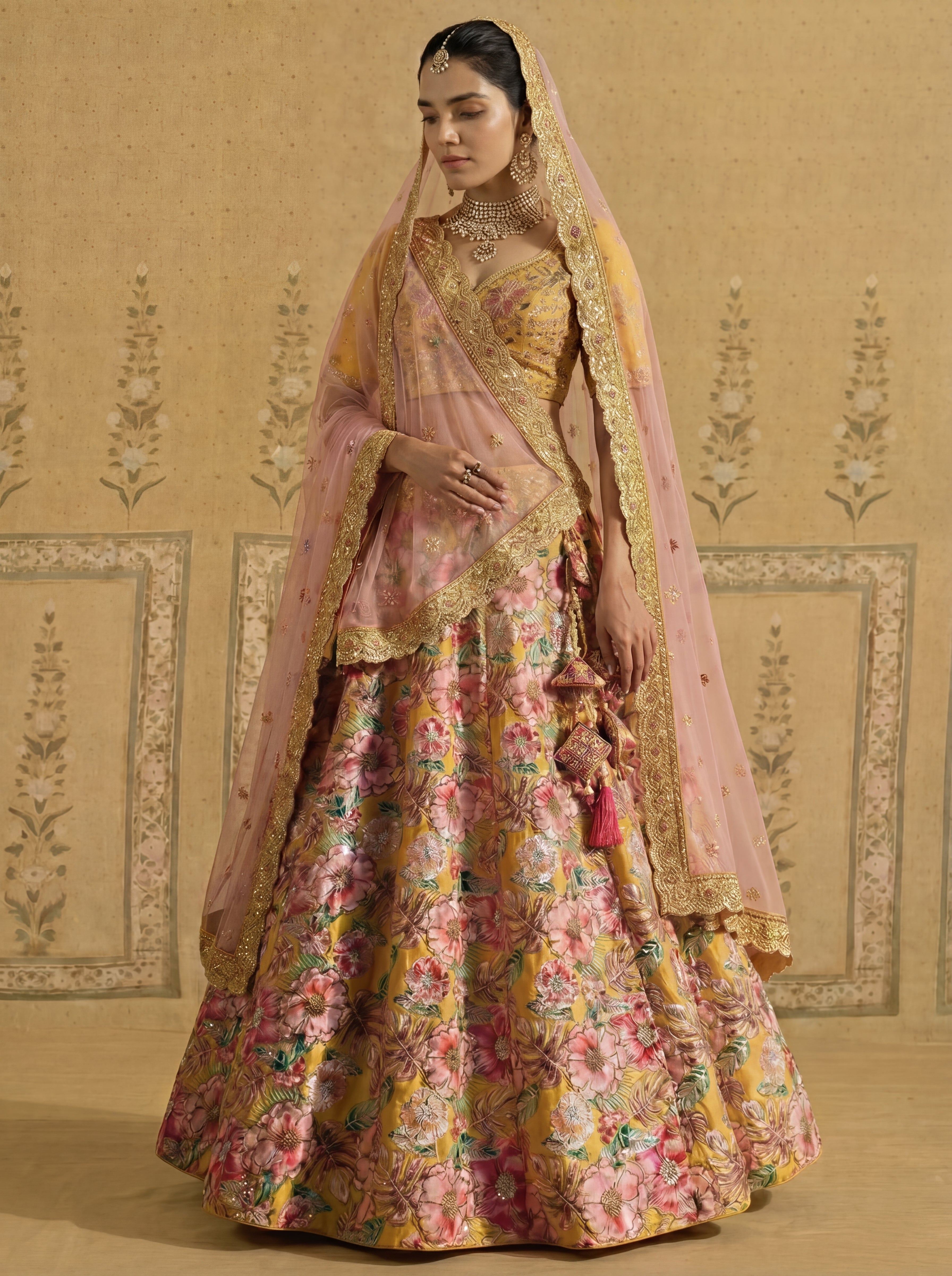 Mustard Yellow Viscose Sequins Cording Bridal Lehenga Choli Set