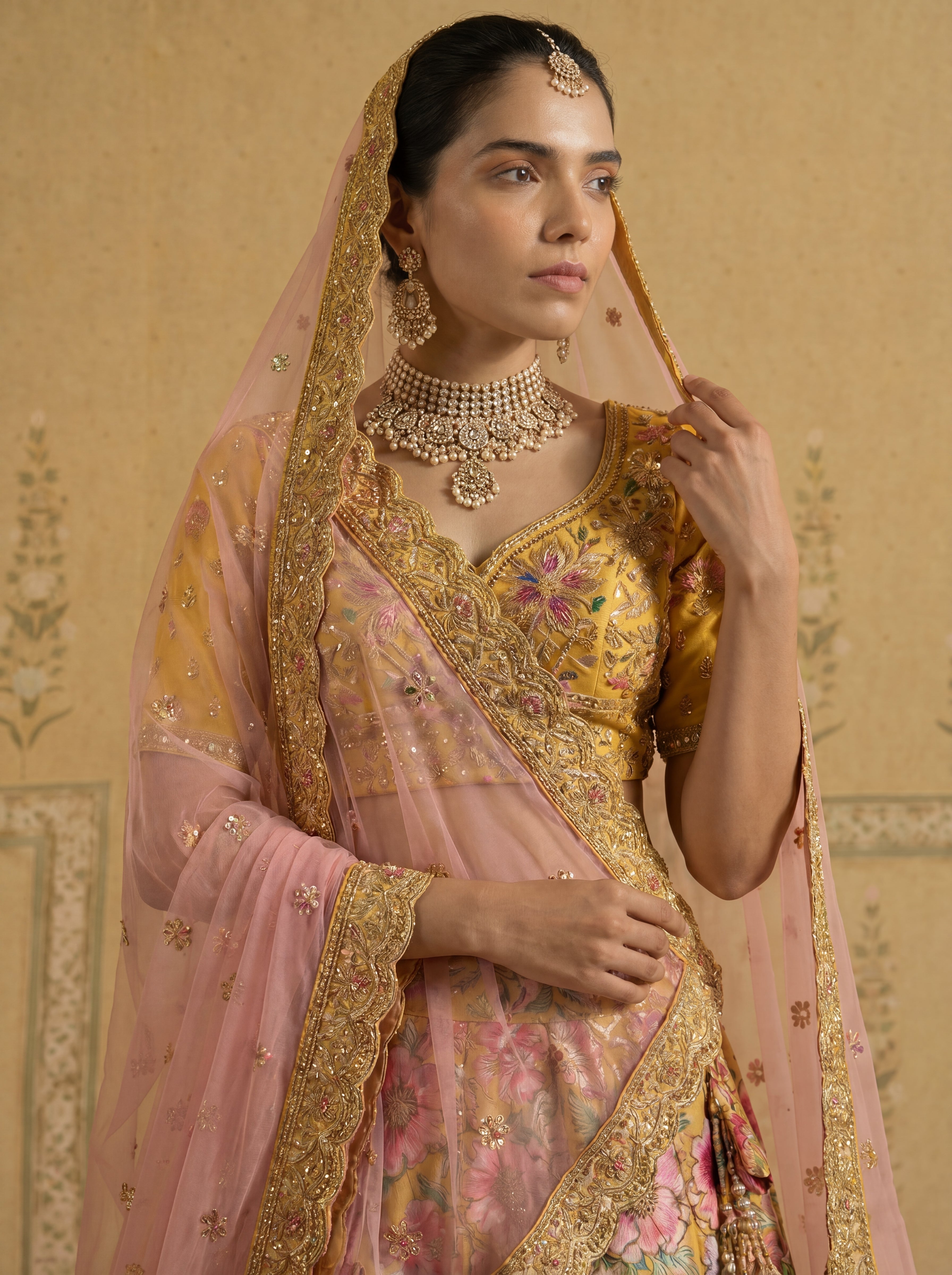Mustard Yellow Viscose Sequins Cording Bridal Lehenga Choli Set