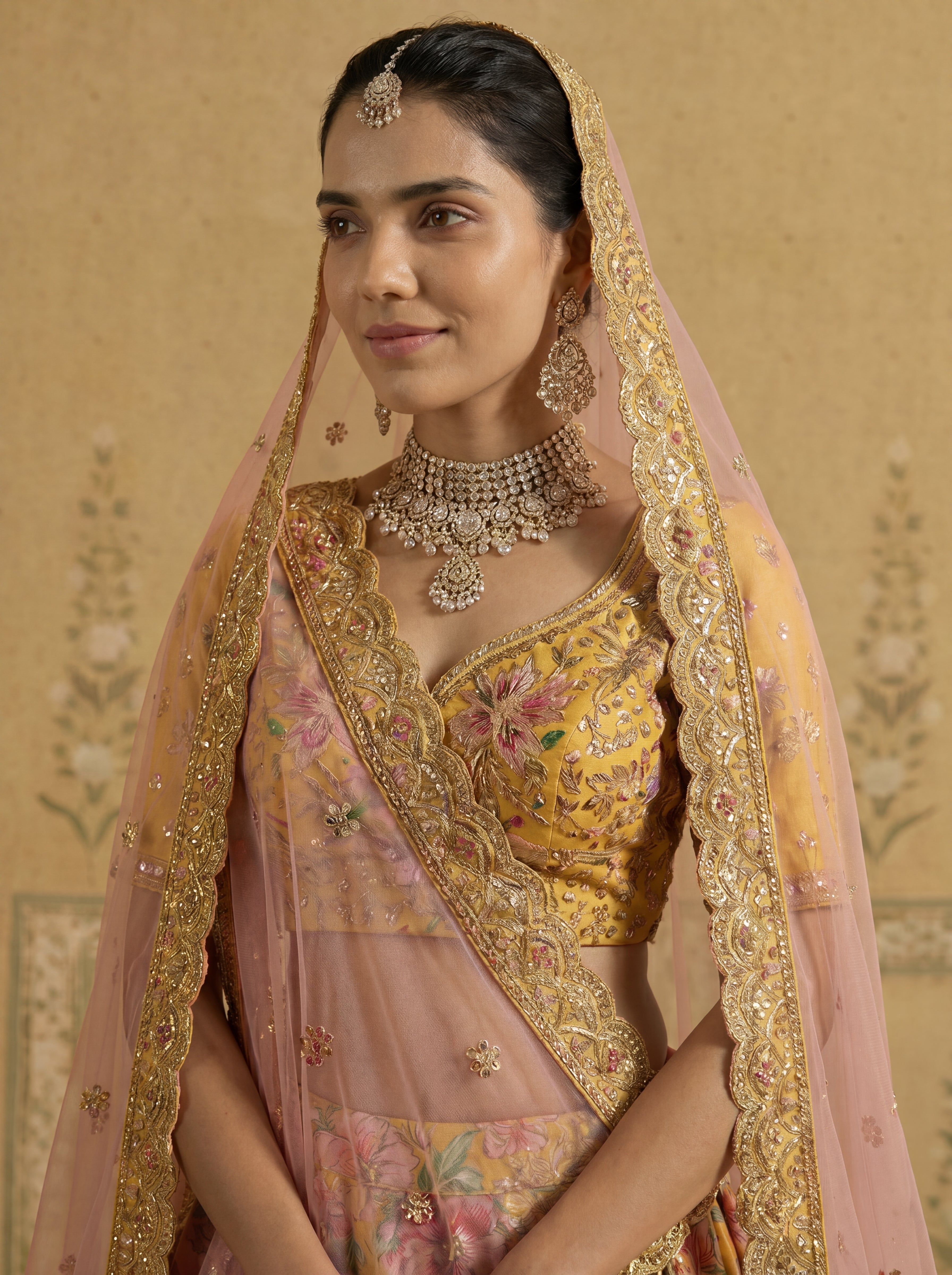 Mustard Yellow Viscose Sequins Cording Bridal Lehenga Choli Set