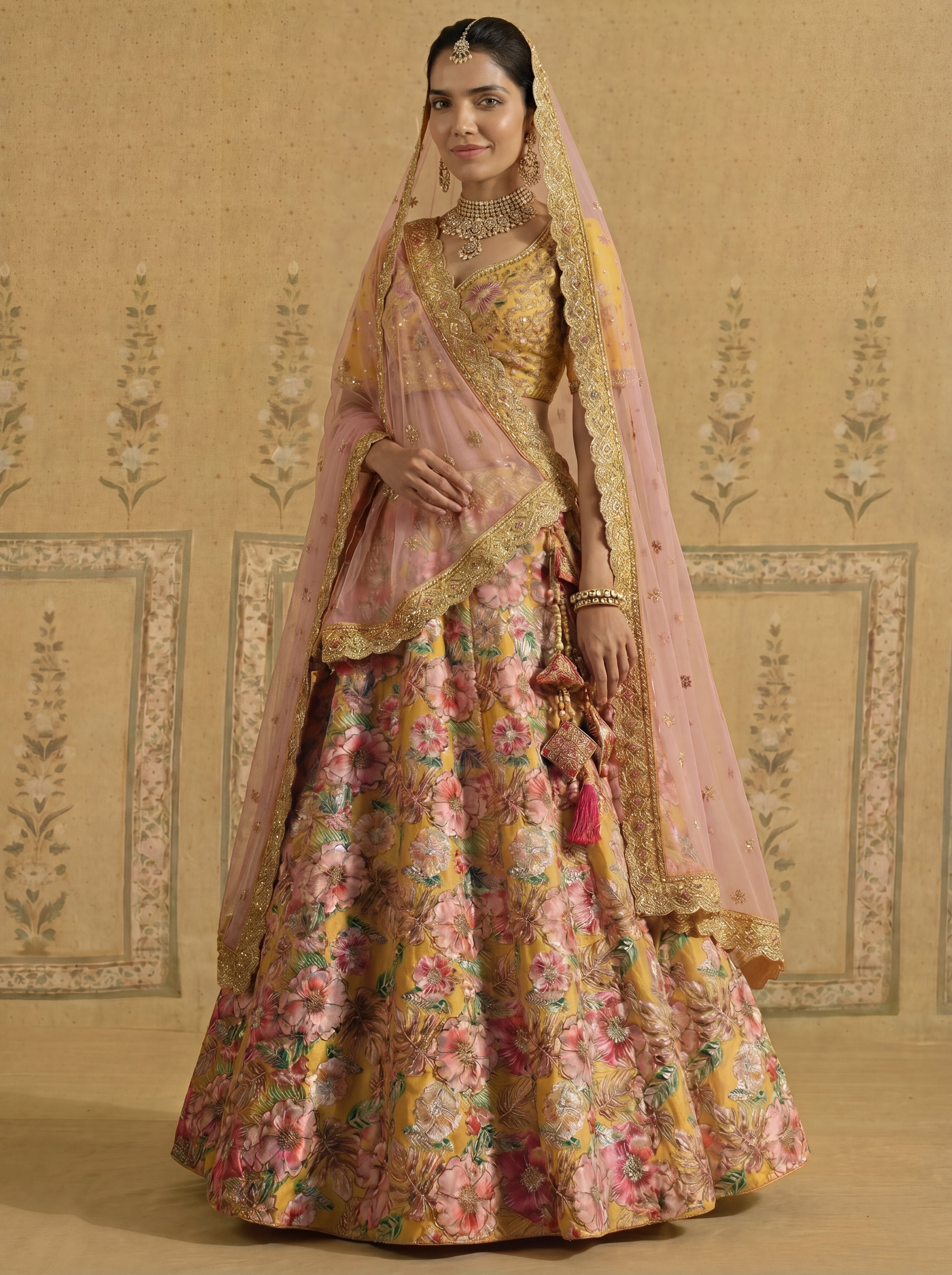 Mustard Yellow Viscose Sequins Cording Bridal Lehenga Choli Set