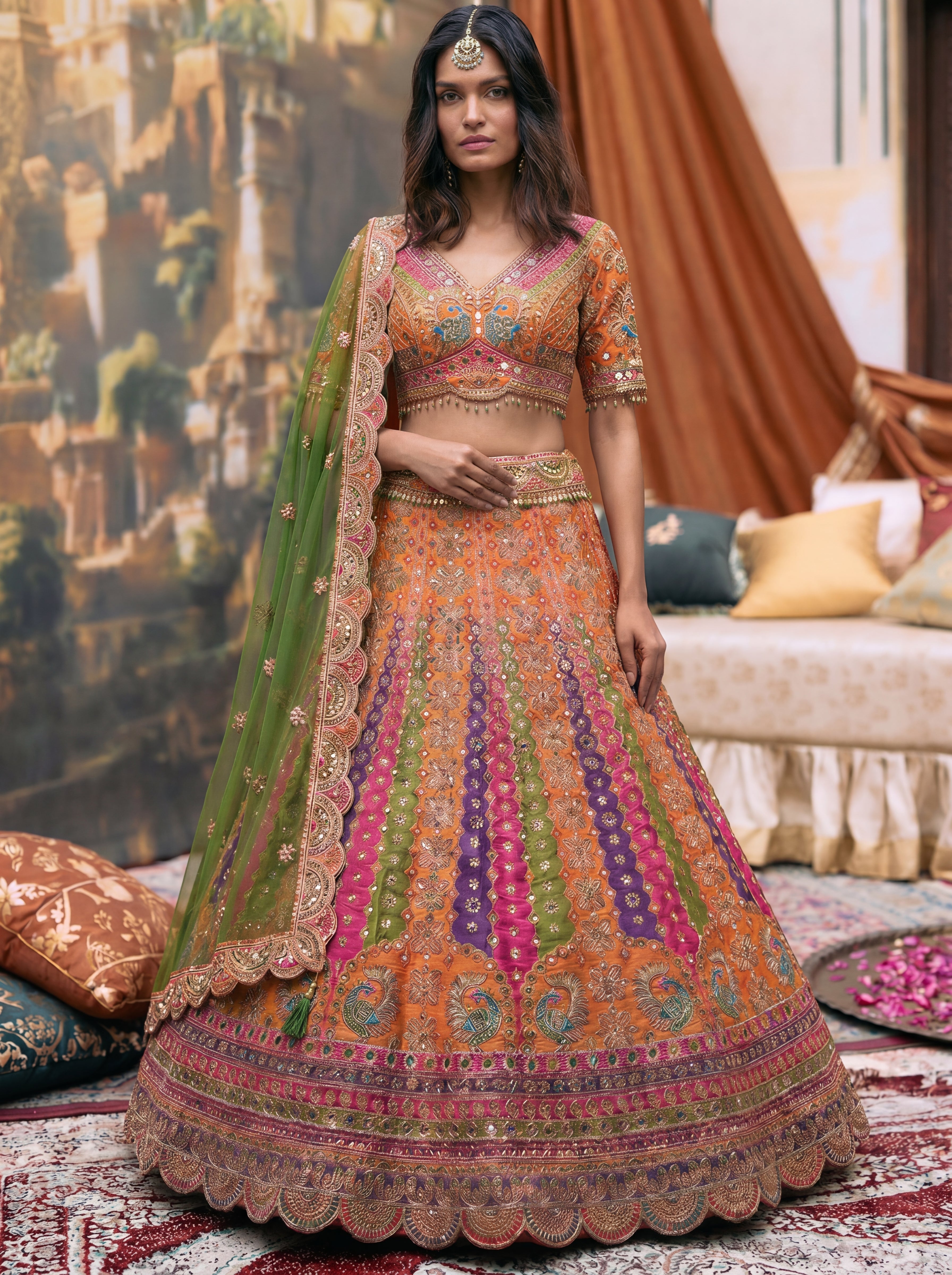 Vibrant Orange Viscose Mirror Sequins Bridal Lehenga Choli Set