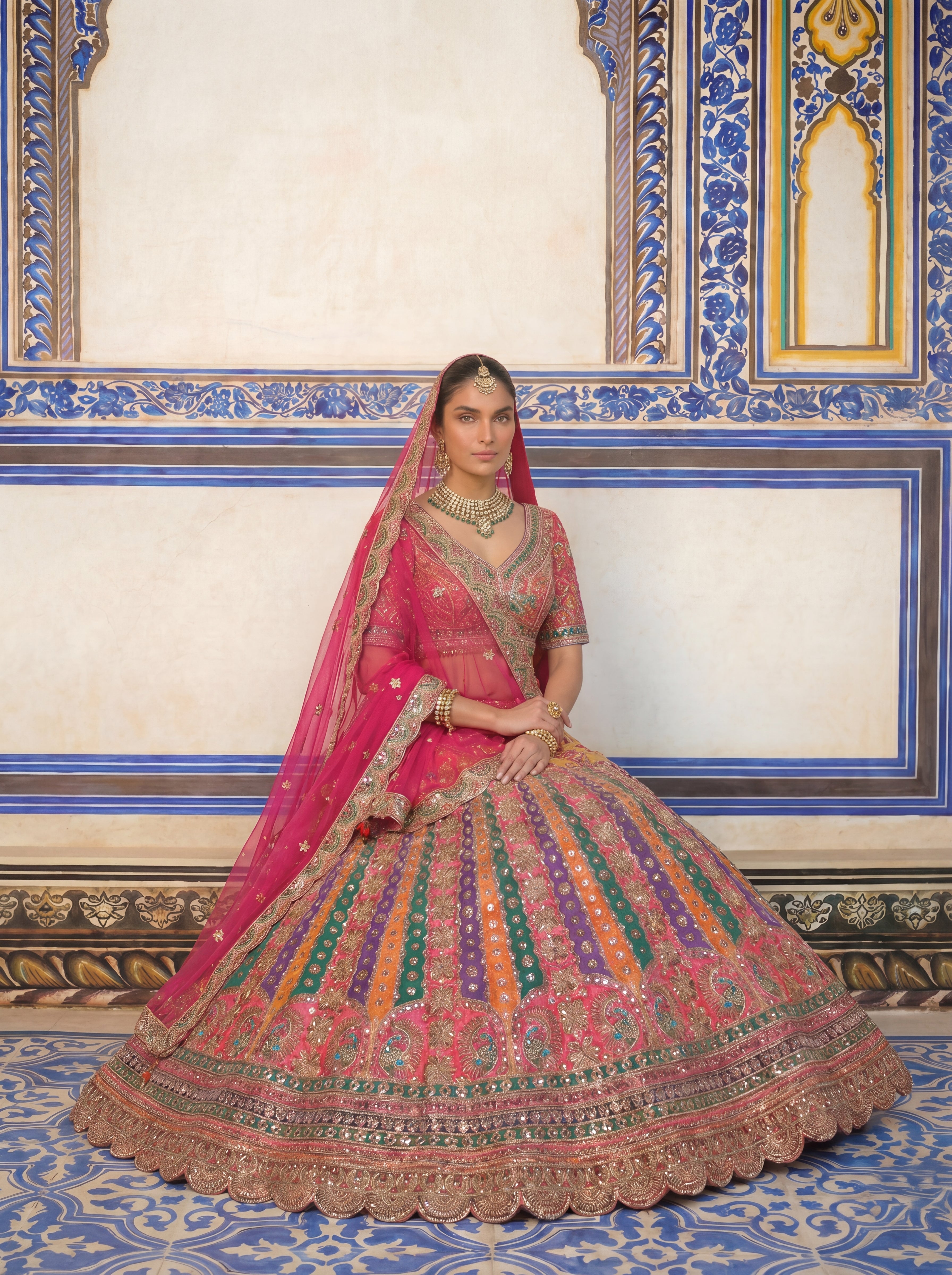 Hot Pink Viscose Mirror Sequins Bridal Lehenga Choli Set