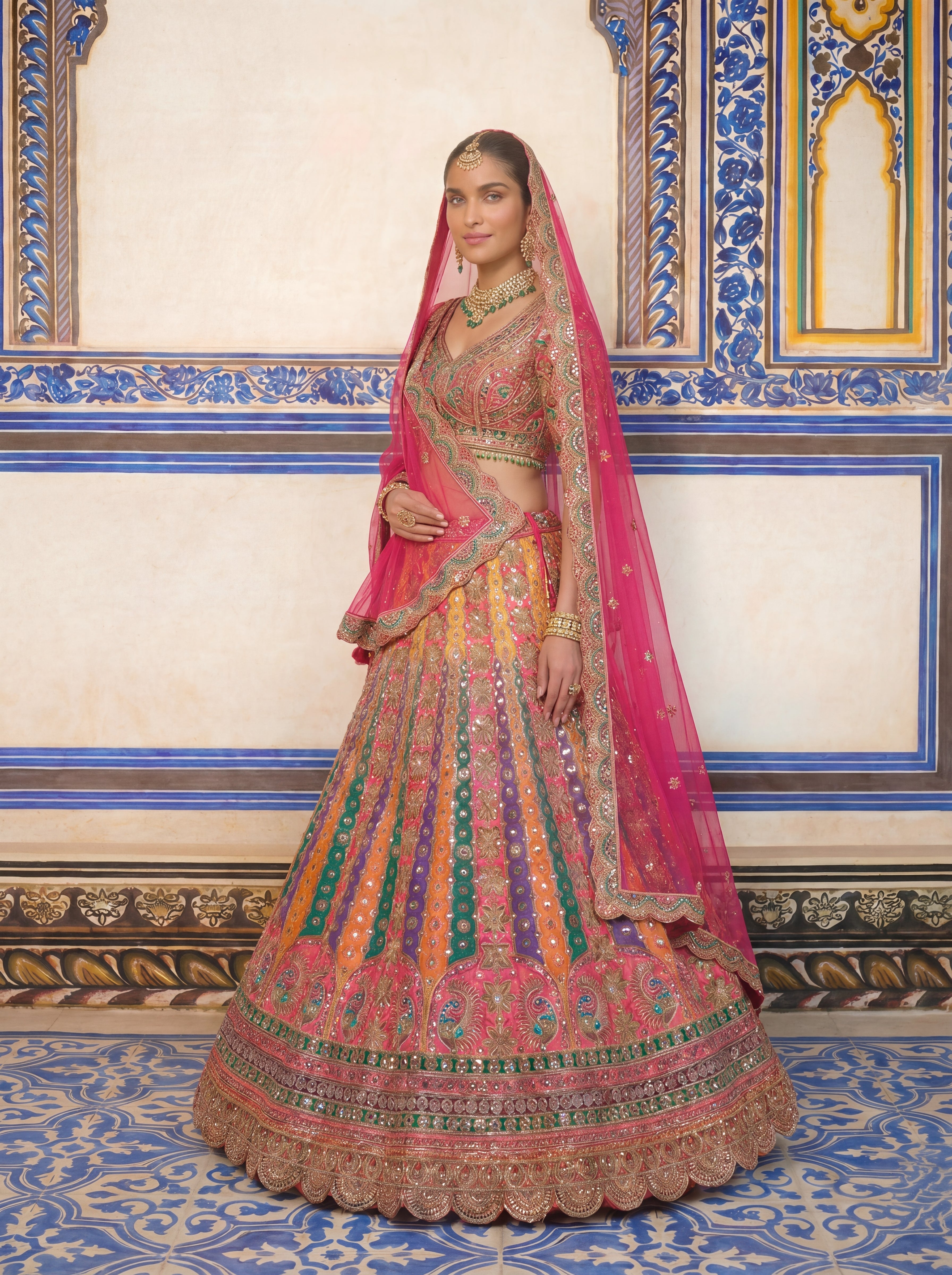 Hot Pink Viscose Mirror Sequins Bridal Lehenga Choli Set
