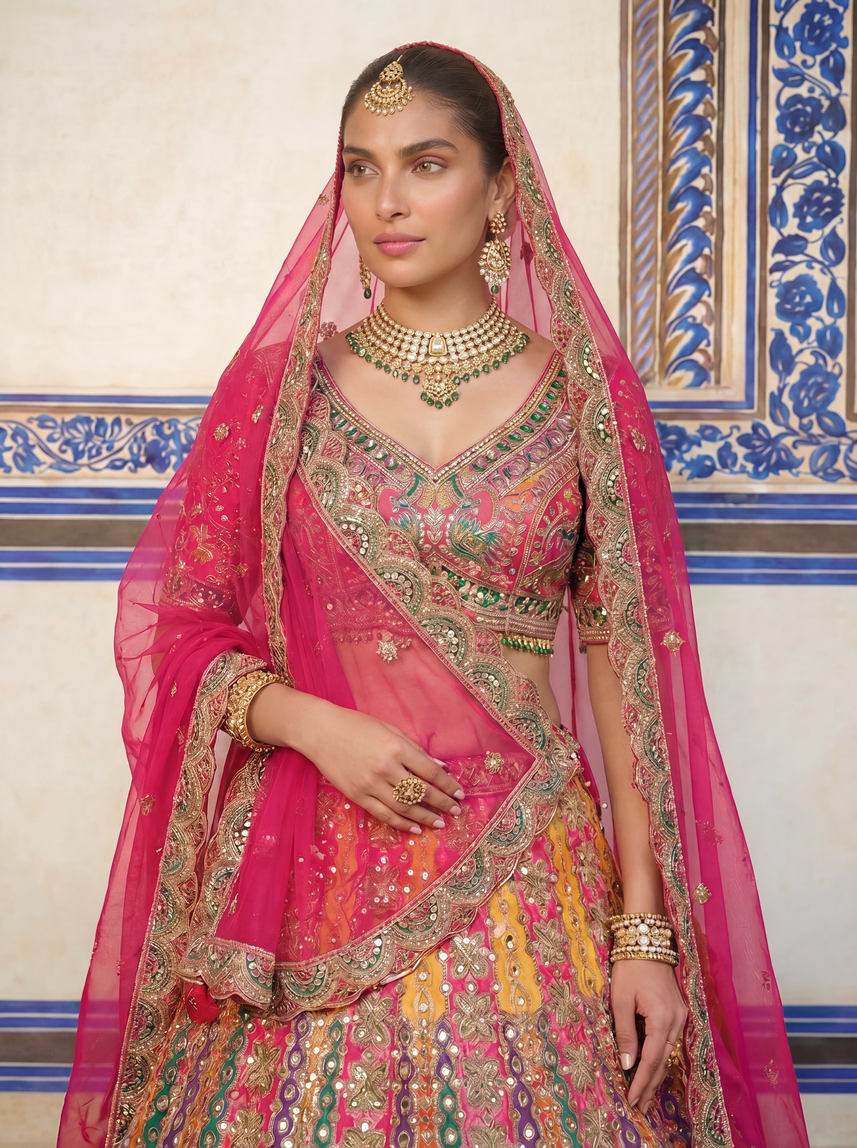 Hot Pink Viscose Mirror Sequins Bridal Lehenga Choli Set
