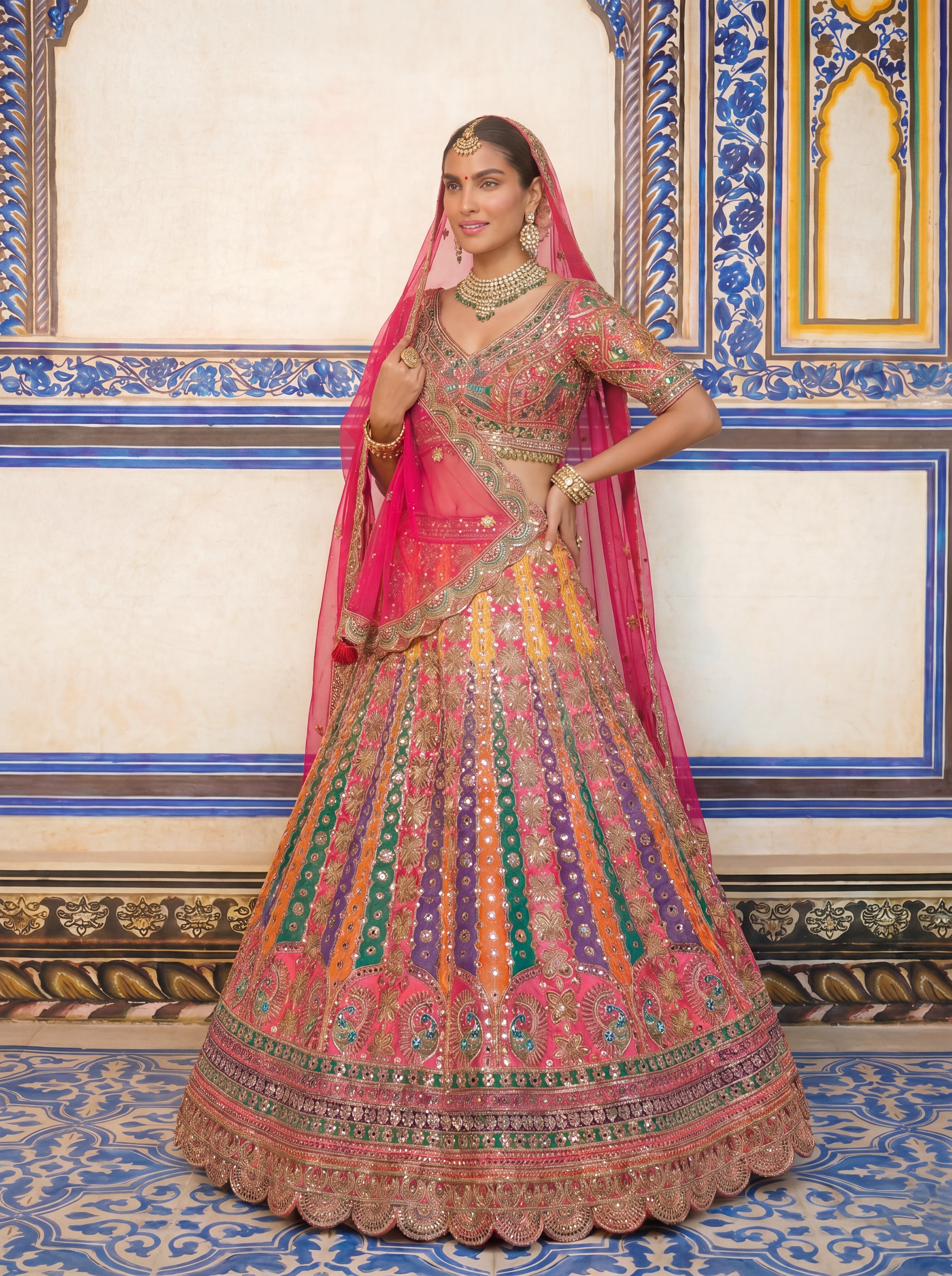 Hot Pink Viscose Mirror Sequins Bridal Lehenga Choli Set