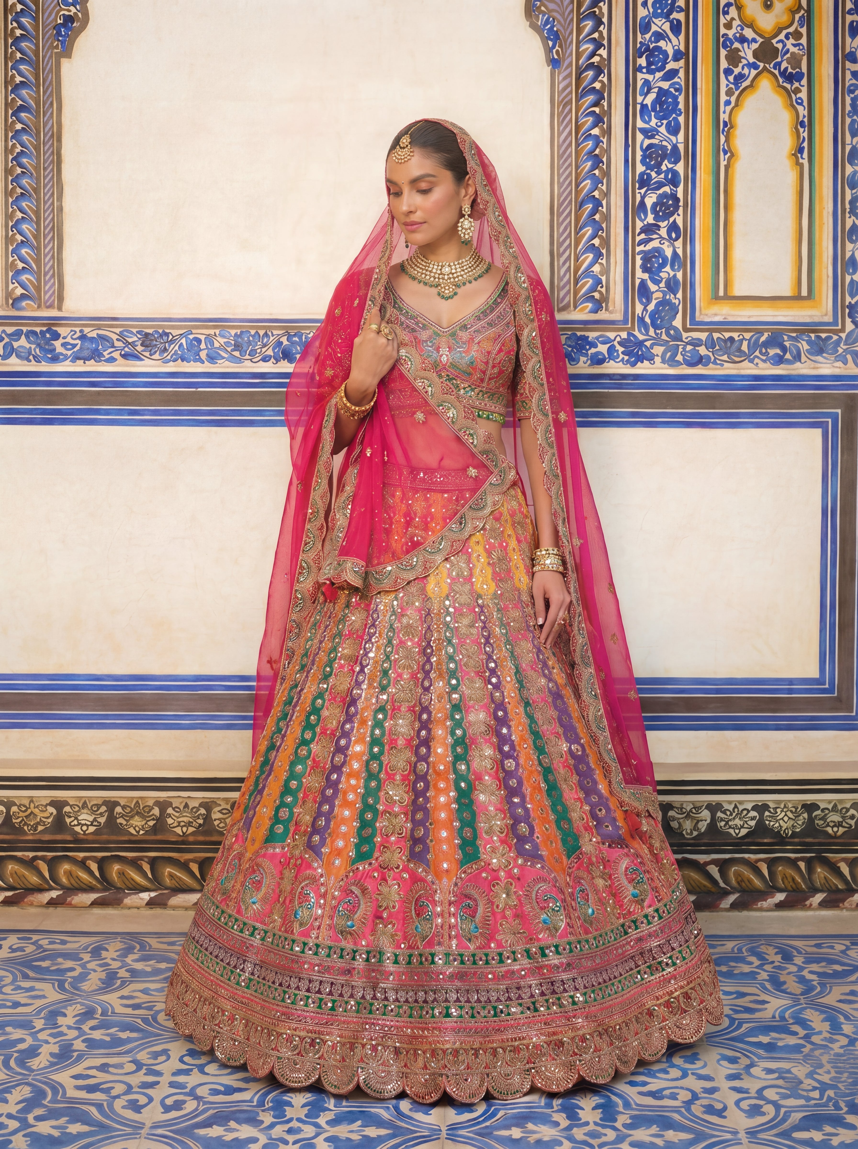 Hot Pink Viscose Mirror Sequins Bridal Lehenga Choli Set