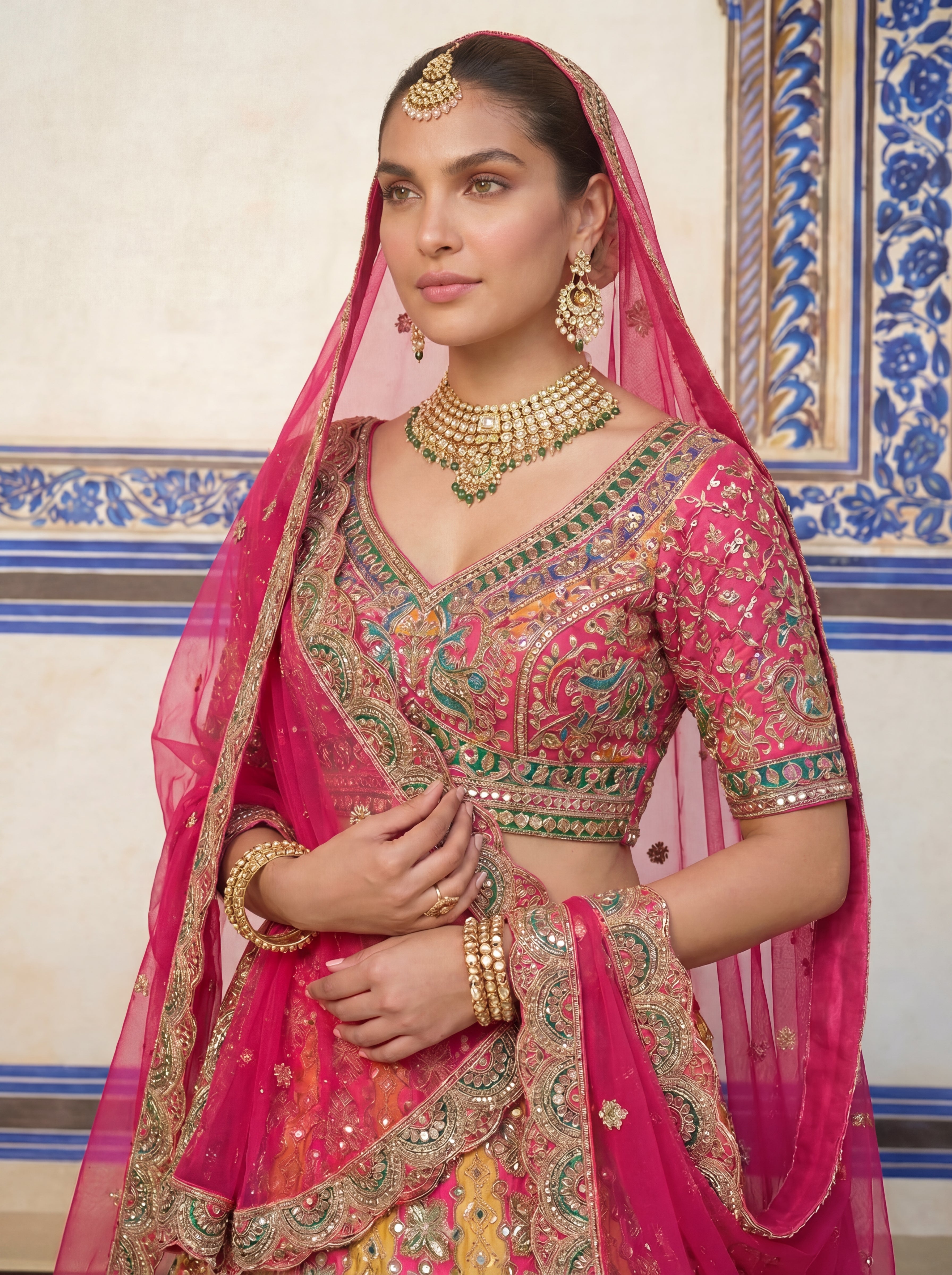 Hot Pink Viscose Mirror Sequins Bridal Lehenga Choli Set