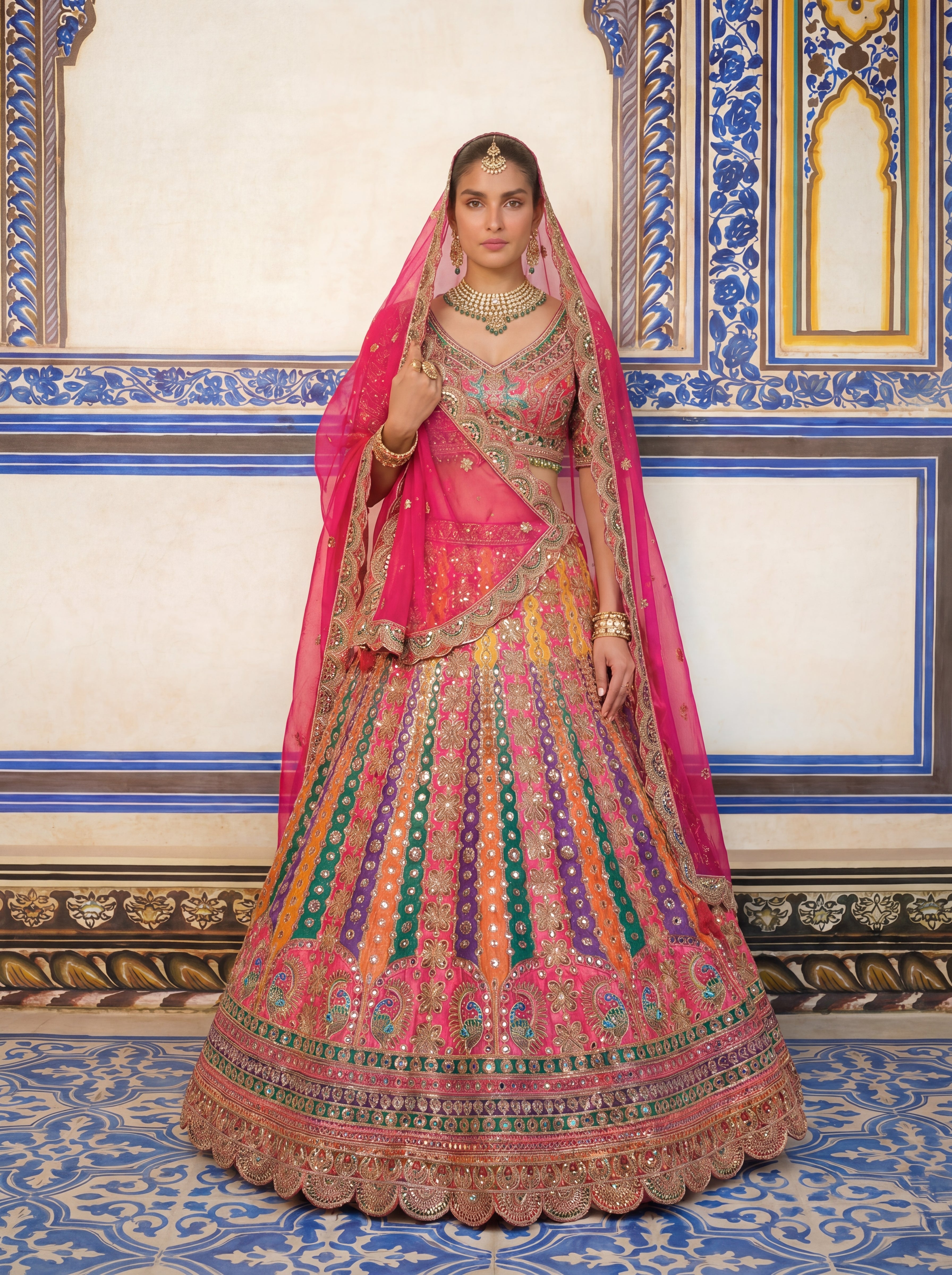 Hot Pink Viscose Mirror Sequins Bridal Lehenga Choli Set