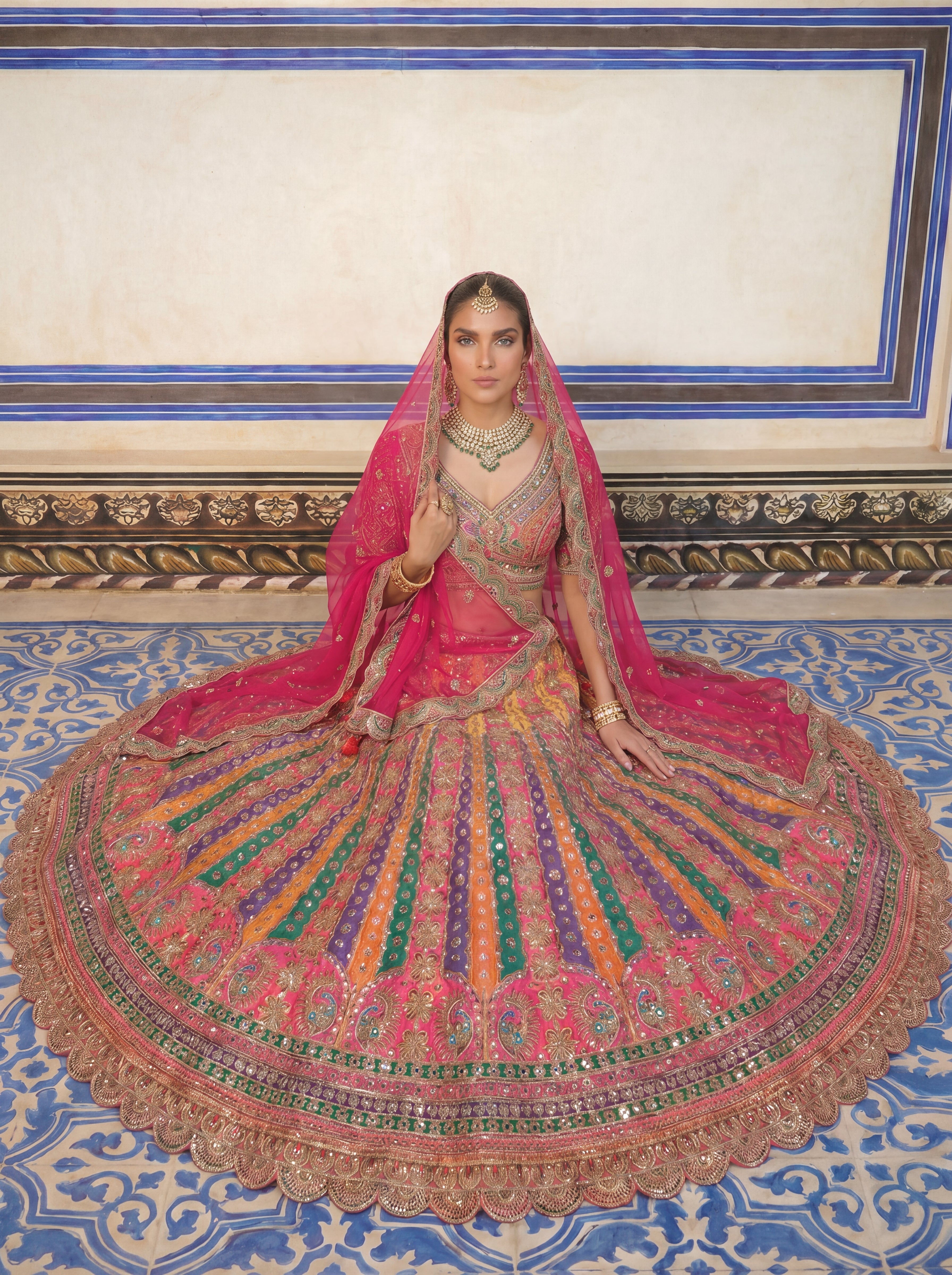 Hot Pink Viscose Mirror Sequins Bridal Lehenga Choli Set