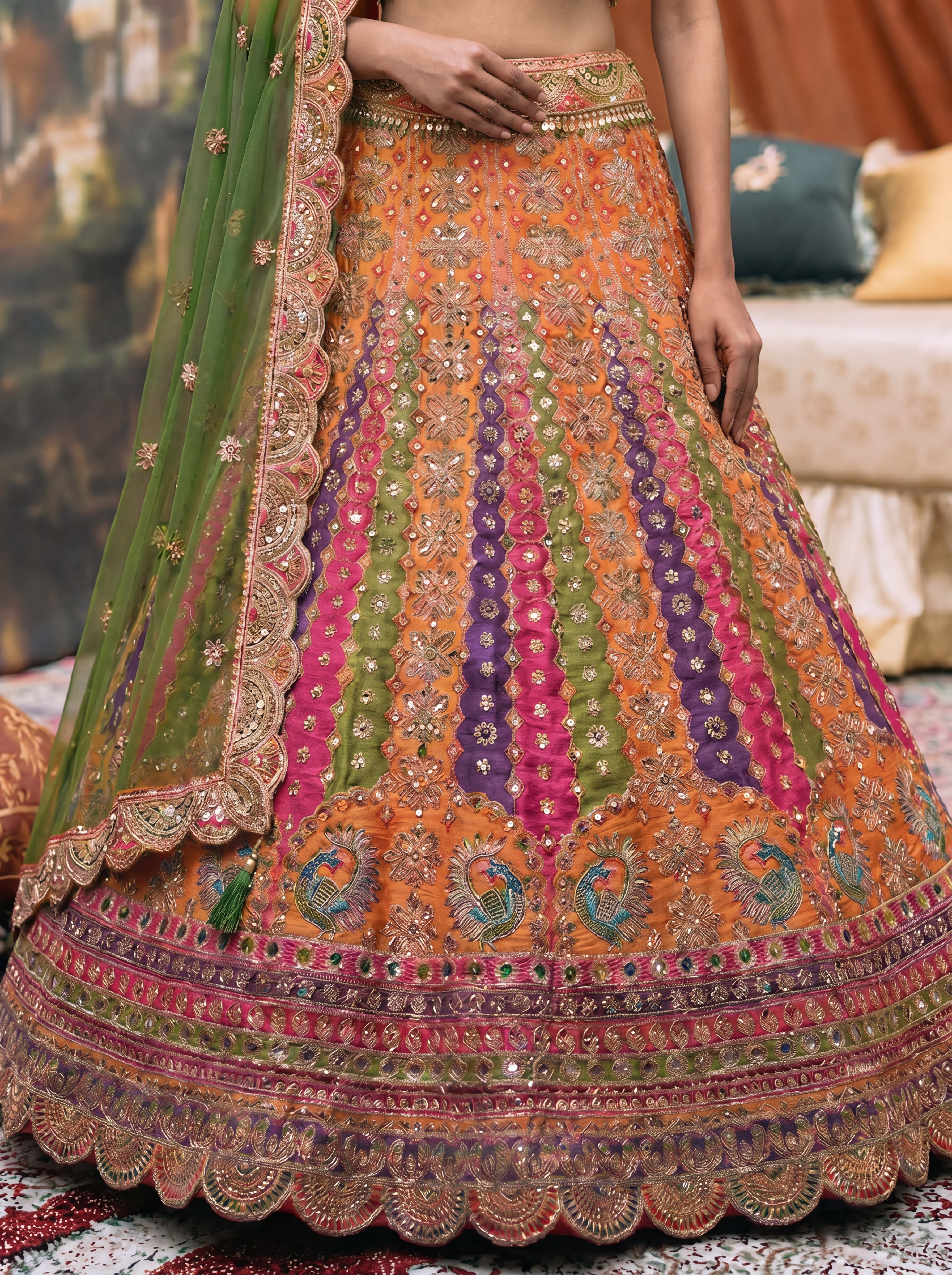 Vibrant Orange Viscose Mirror Sequins Bridal Lehenga Choli Set