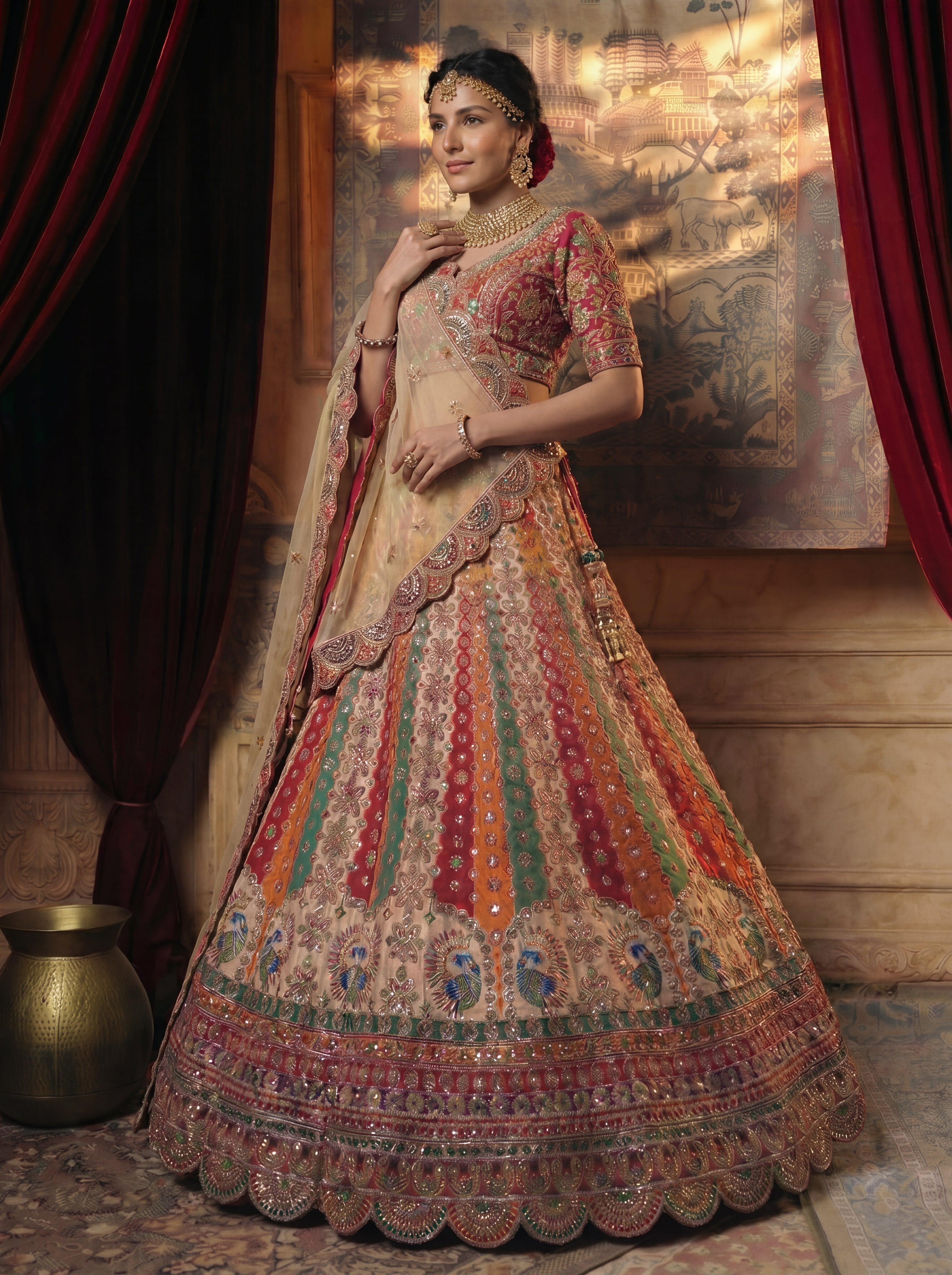 Ivory Cream Viscose Mirror Sequins Embroidered Bridal Lehenga Choli