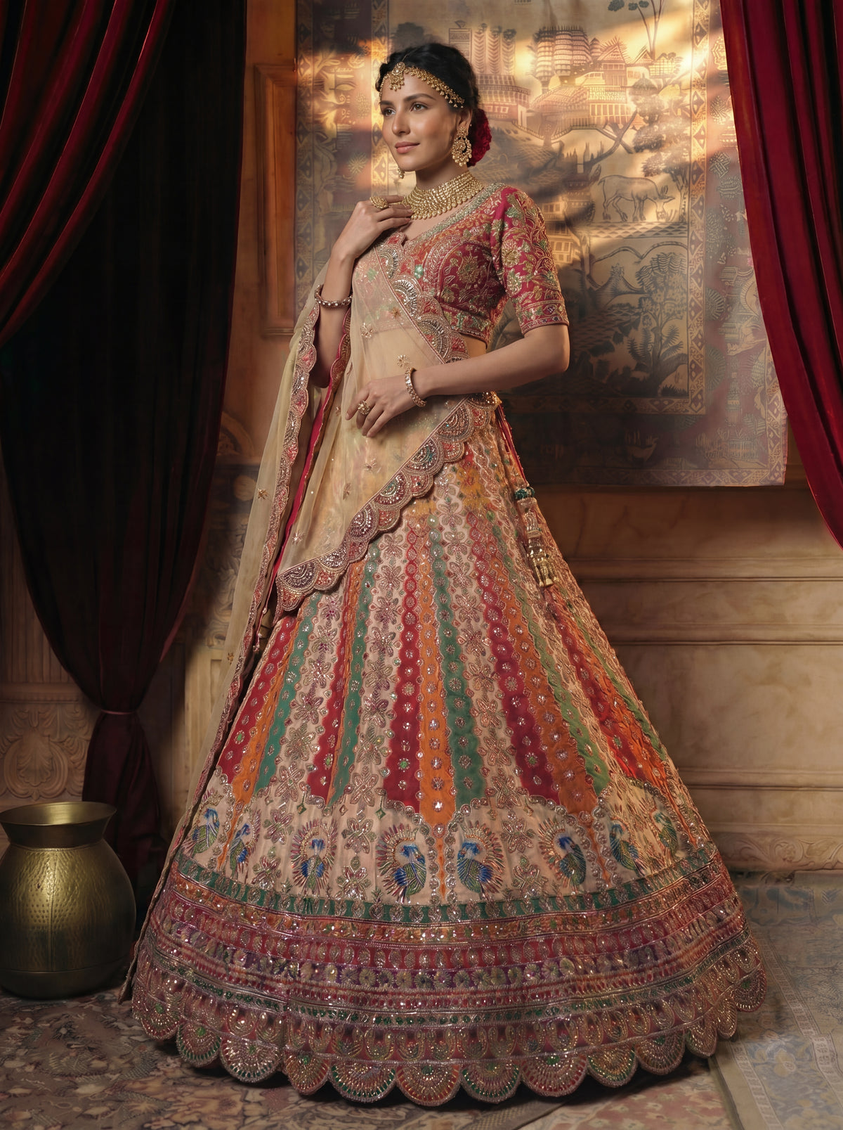 Ivory Cream Viscose Mirror Sequins Embroidered Bridal Lehenga Choli
