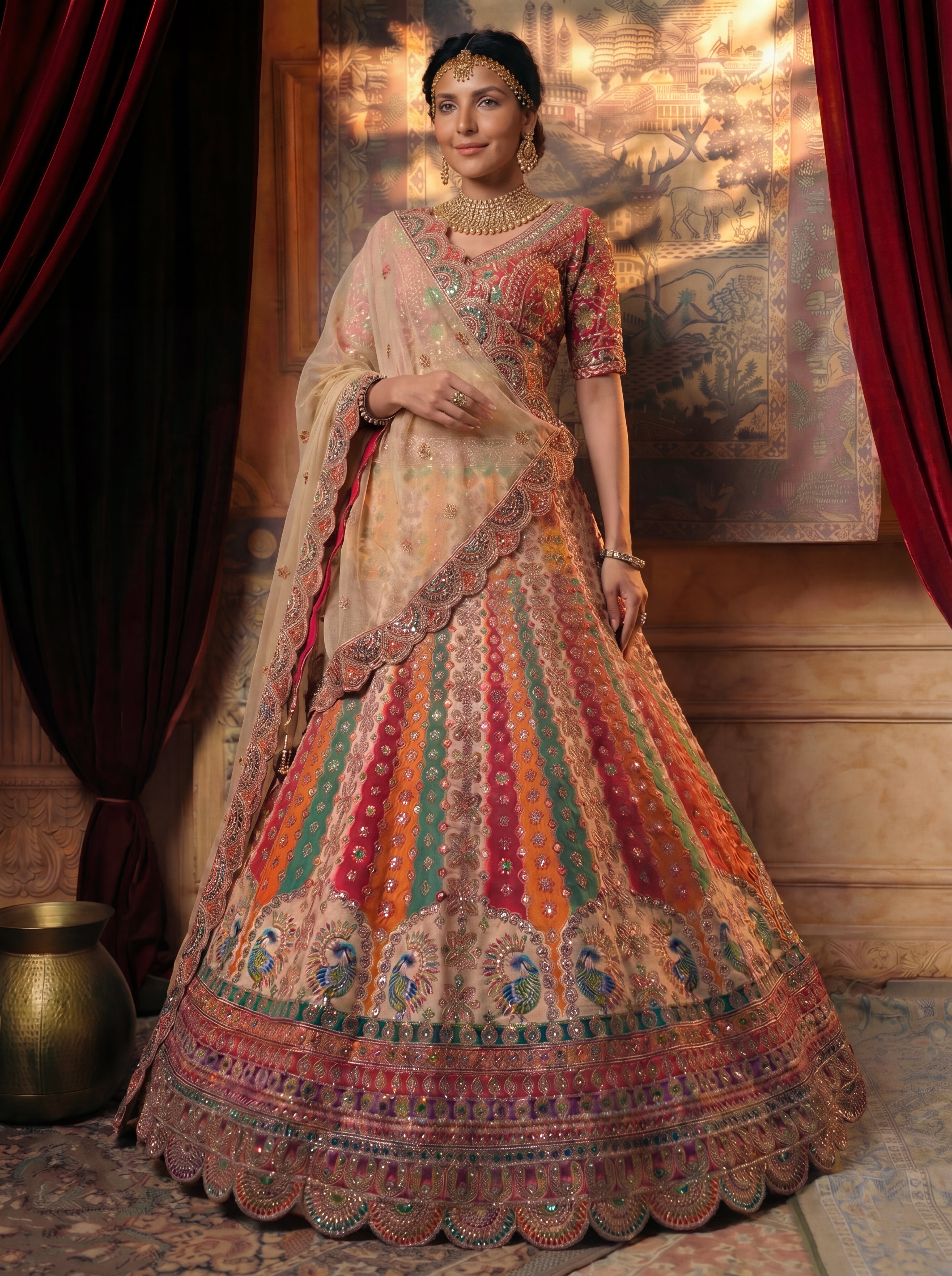 Ivory Cream Viscose Mirror Sequins Embroidered Bridal Lehenga Choli