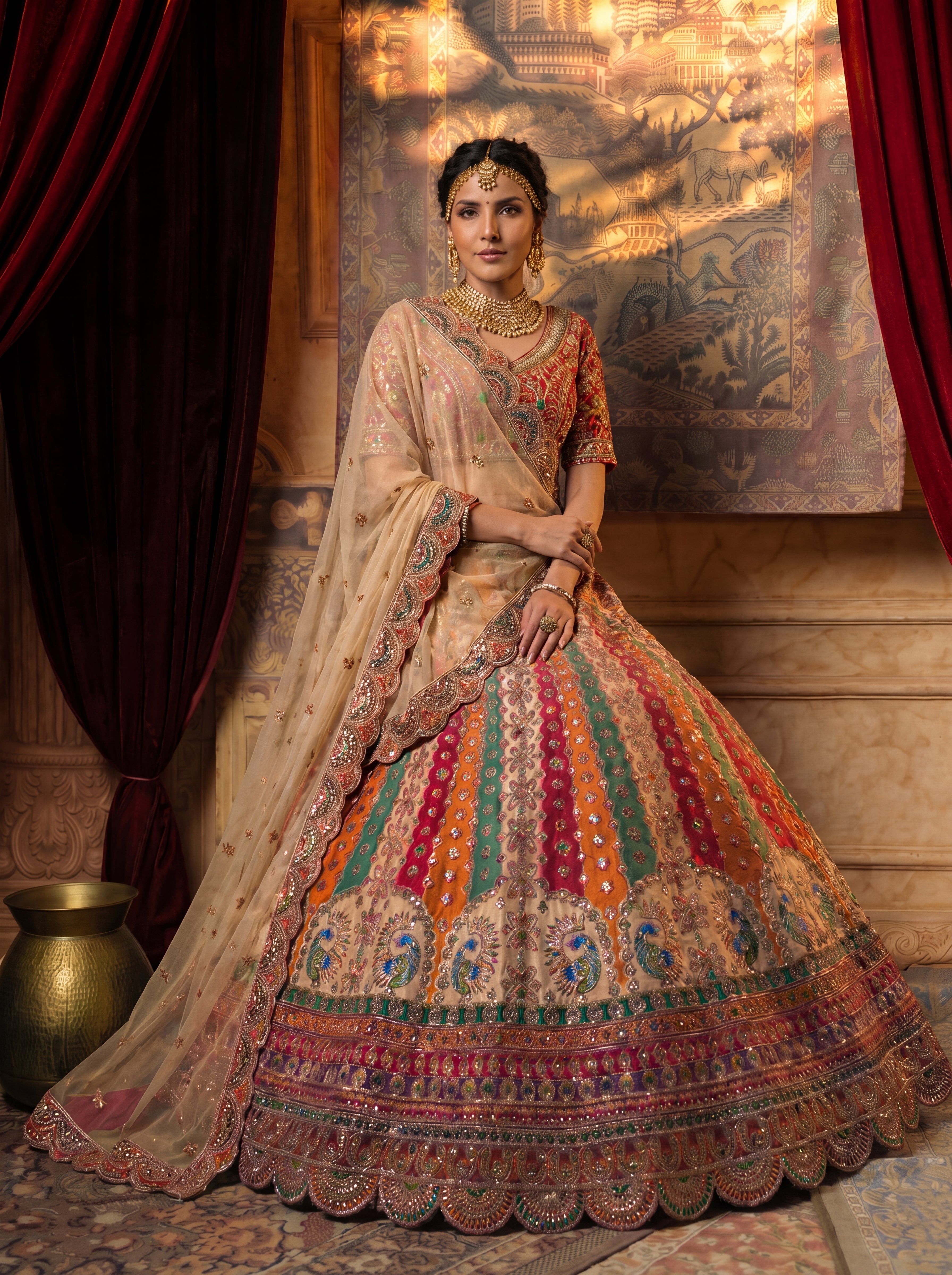 Ivory Cream Viscose Mirror Sequins Embroidered Bridal Lehenga Choli