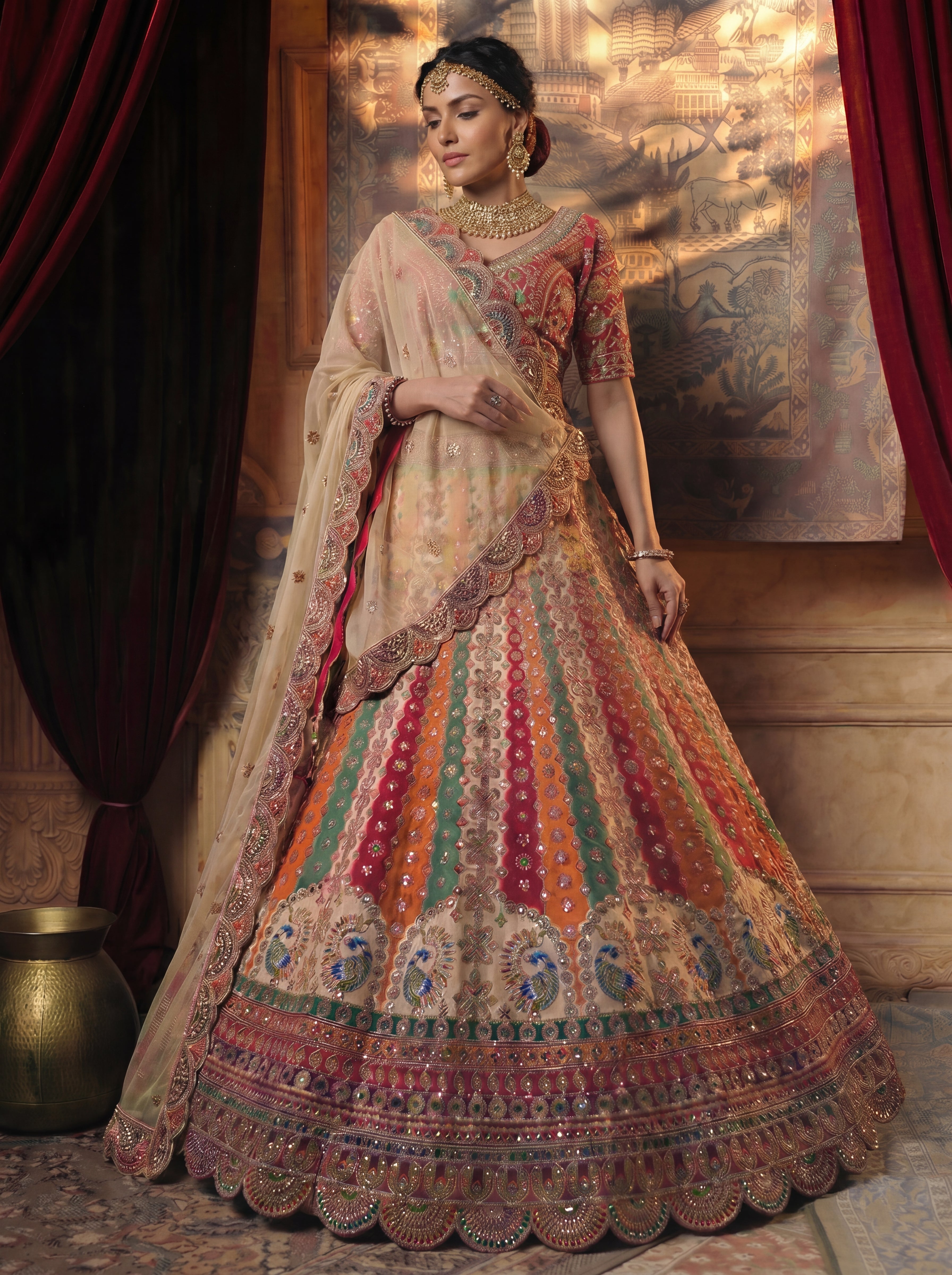 Ivory Cream Viscose Mirror Sequins Embroidered Bridal Lehenga Choli
