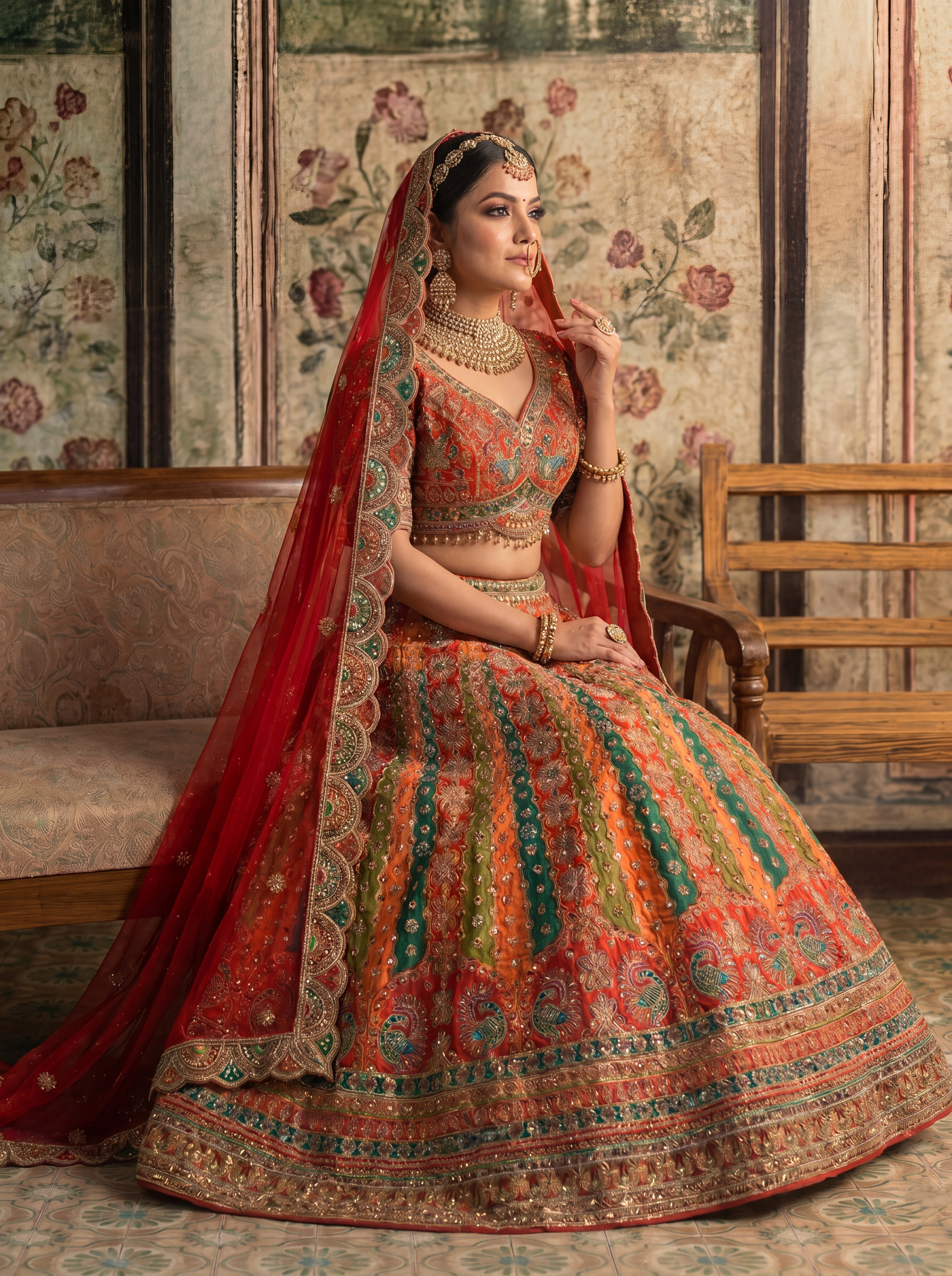 Crimson Red Viscose Mirror Sequins Bridal Lehenga Choli Set