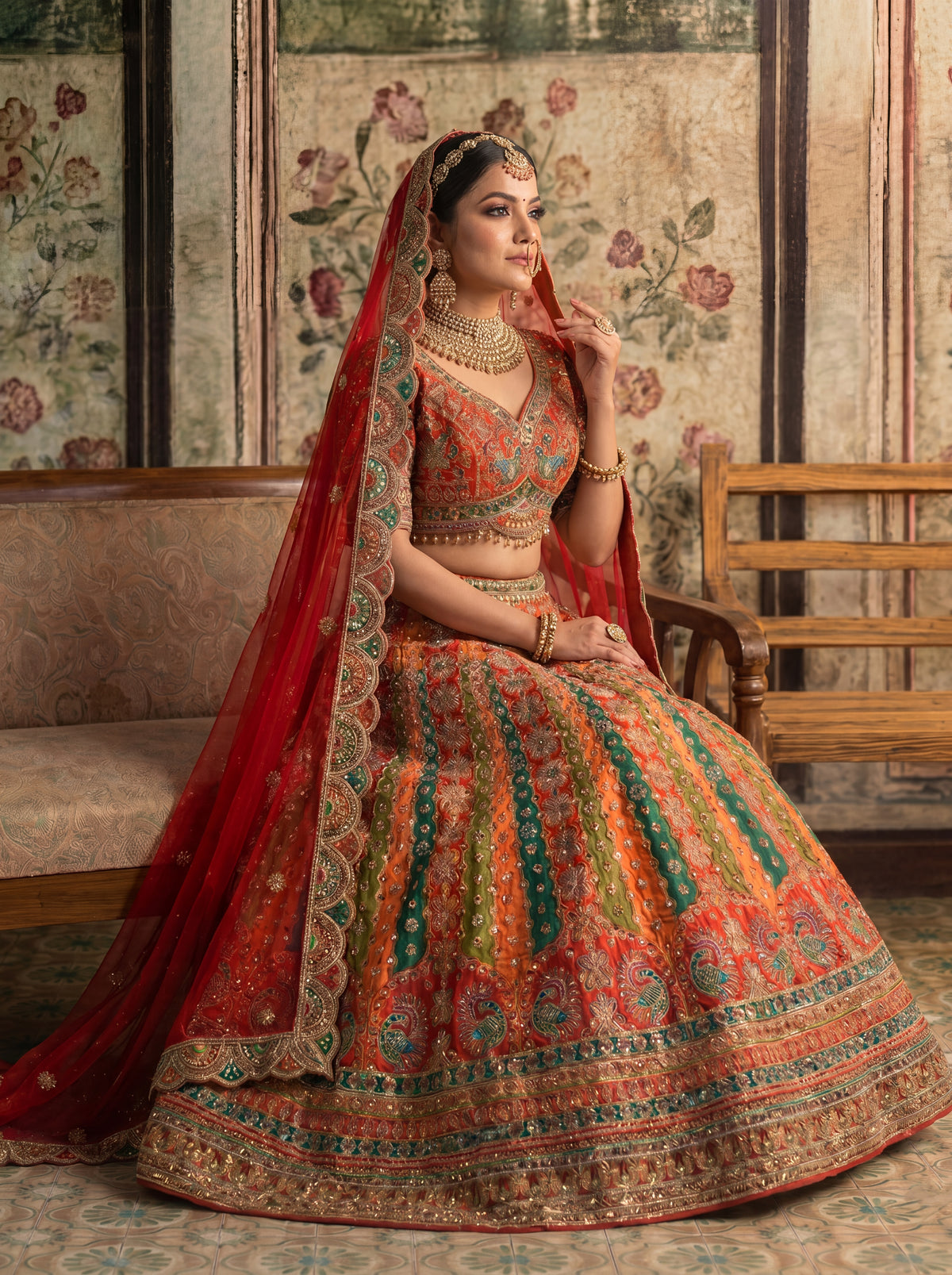 Crimson Red Viscose Mirror Sequins Bridal Lehenga Choli Set