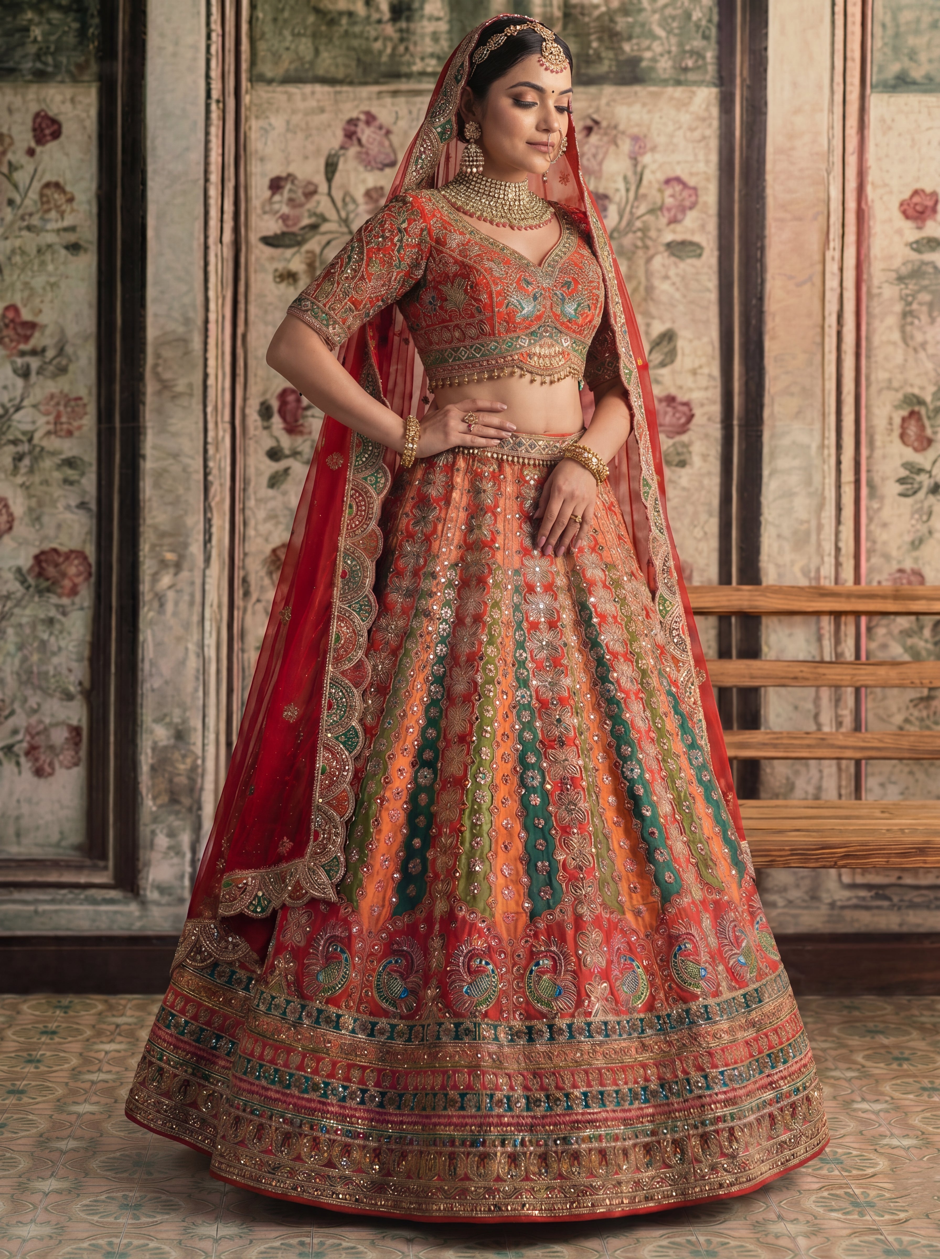 Crimson Red Viscose Mirror Sequins Bridal Lehenga Choli Set