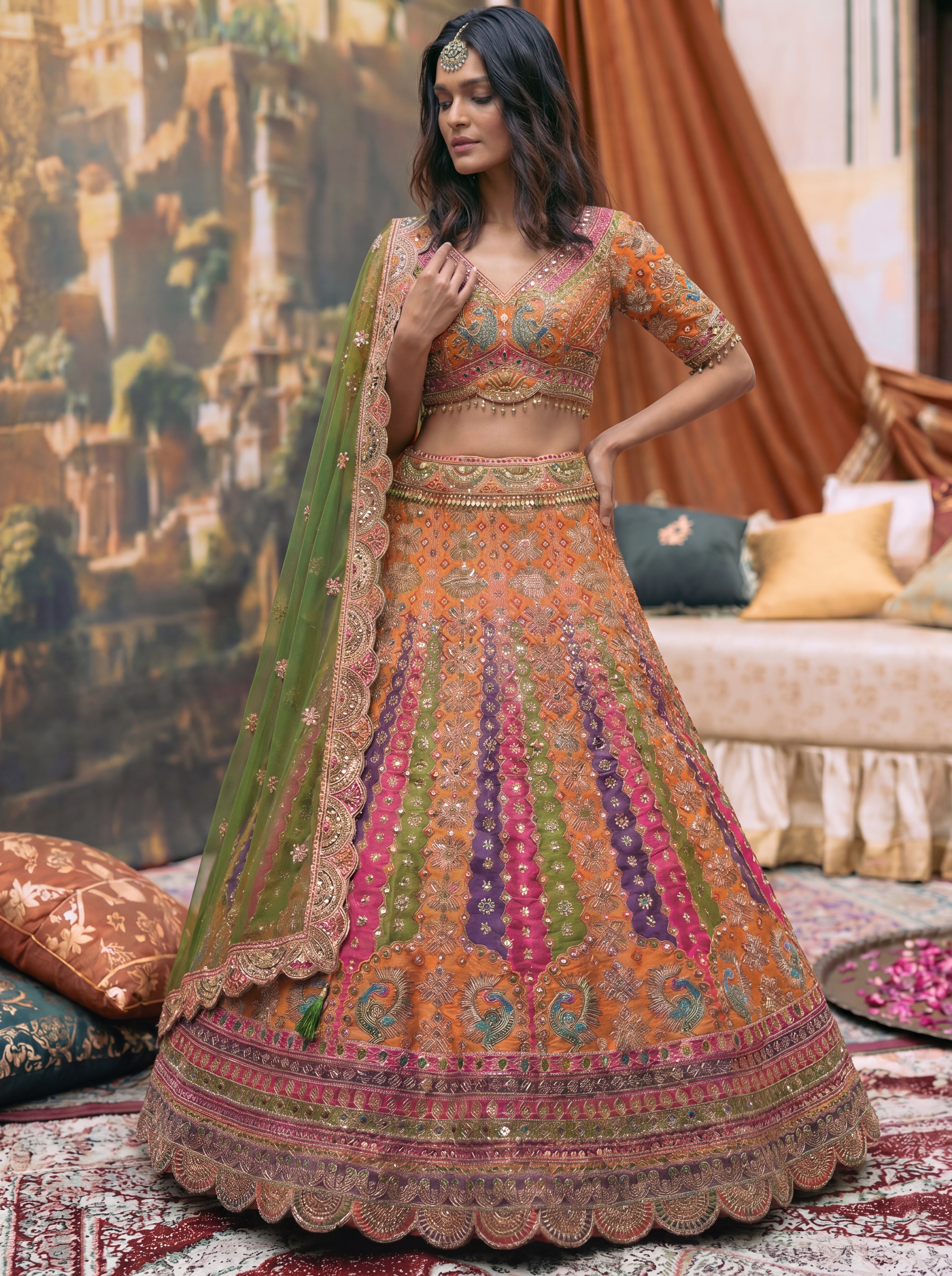 Vibrant Orange Viscose Mirror Sequins Bridal Lehenga Choli Set