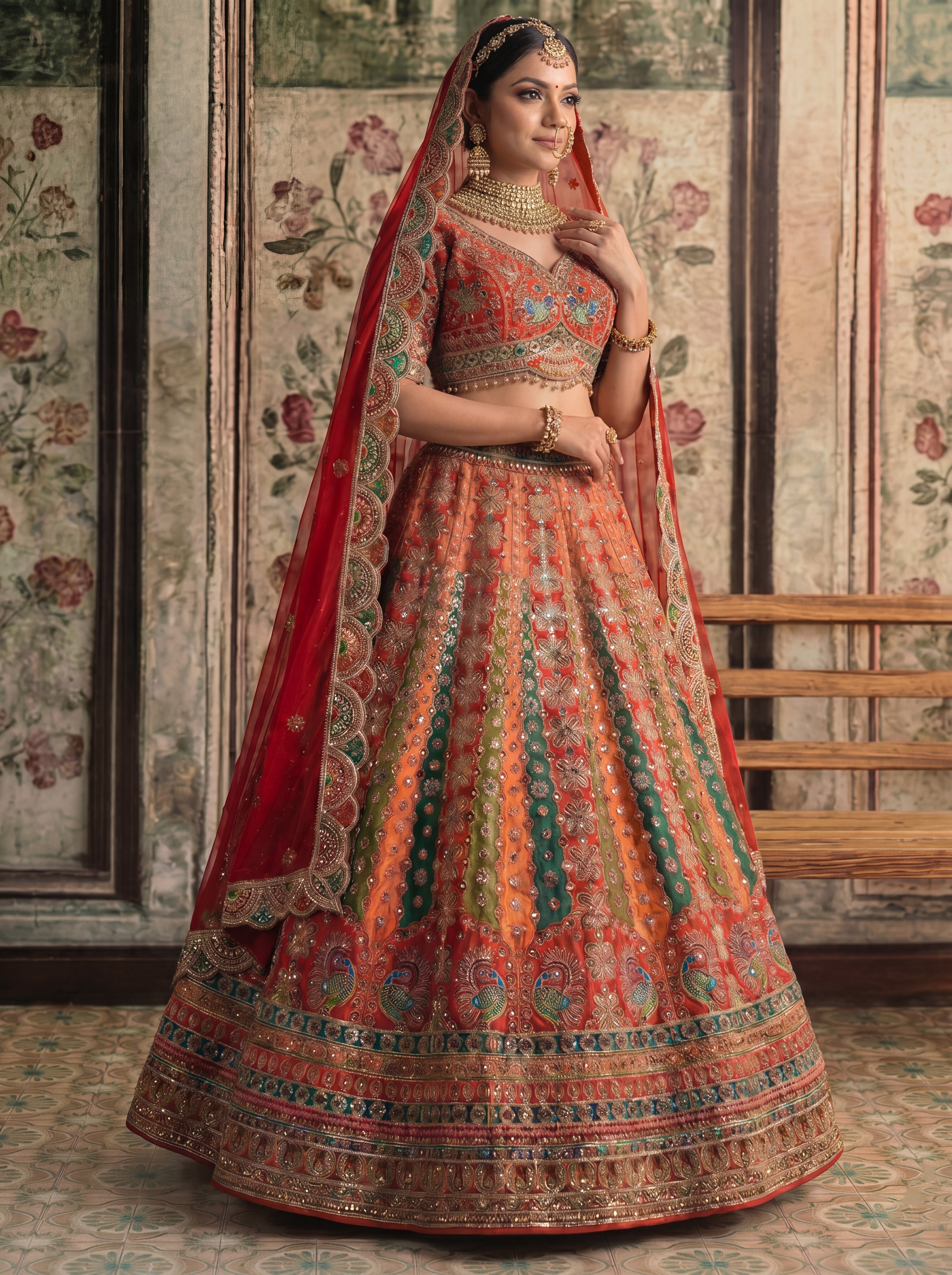 Crimson Red Viscose Mirror Sequins Bridal Lehenga Choli Set