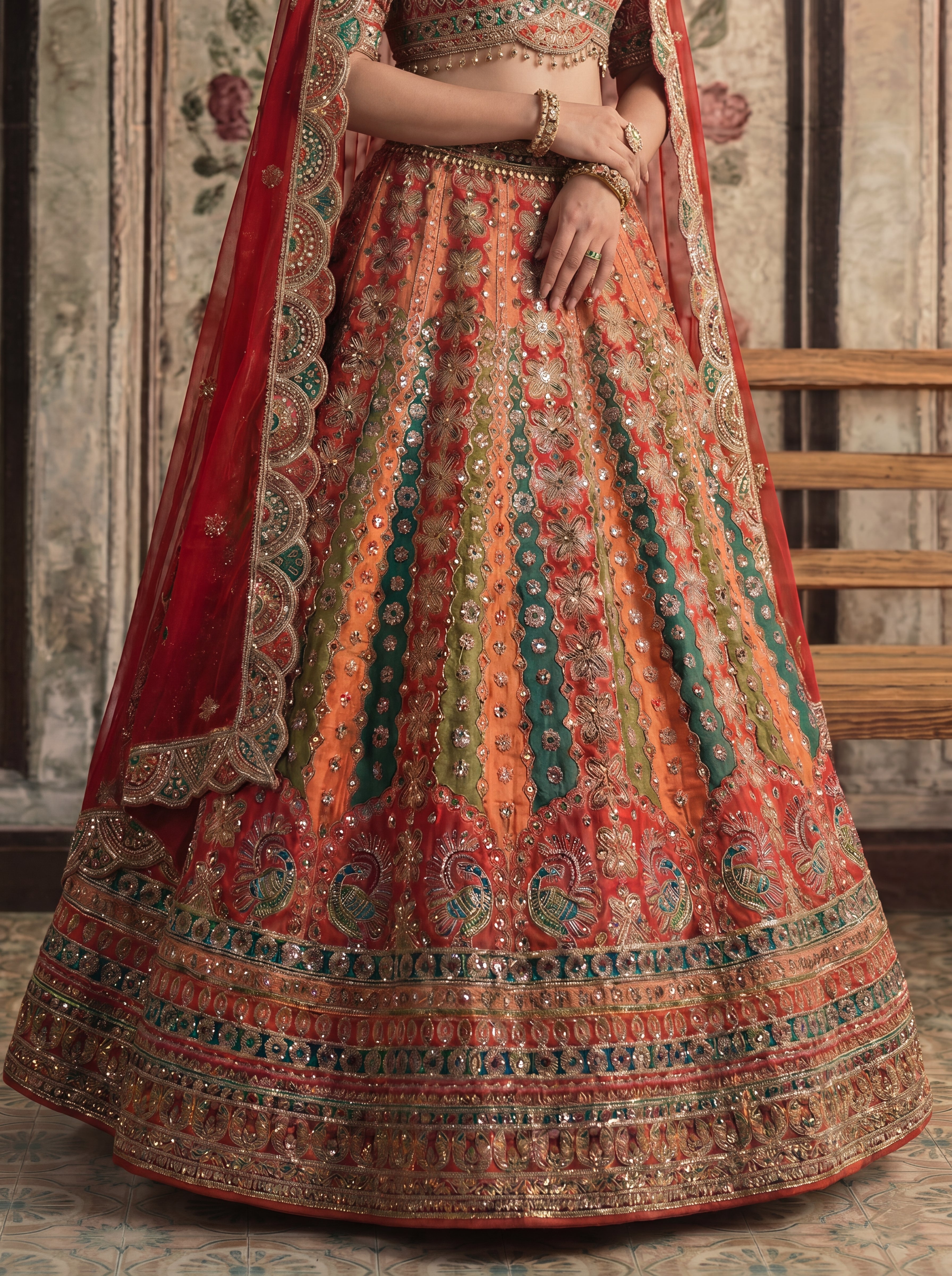 Crimson Red Viscose Mirror Sequins Bridal Lehenga Choli Set