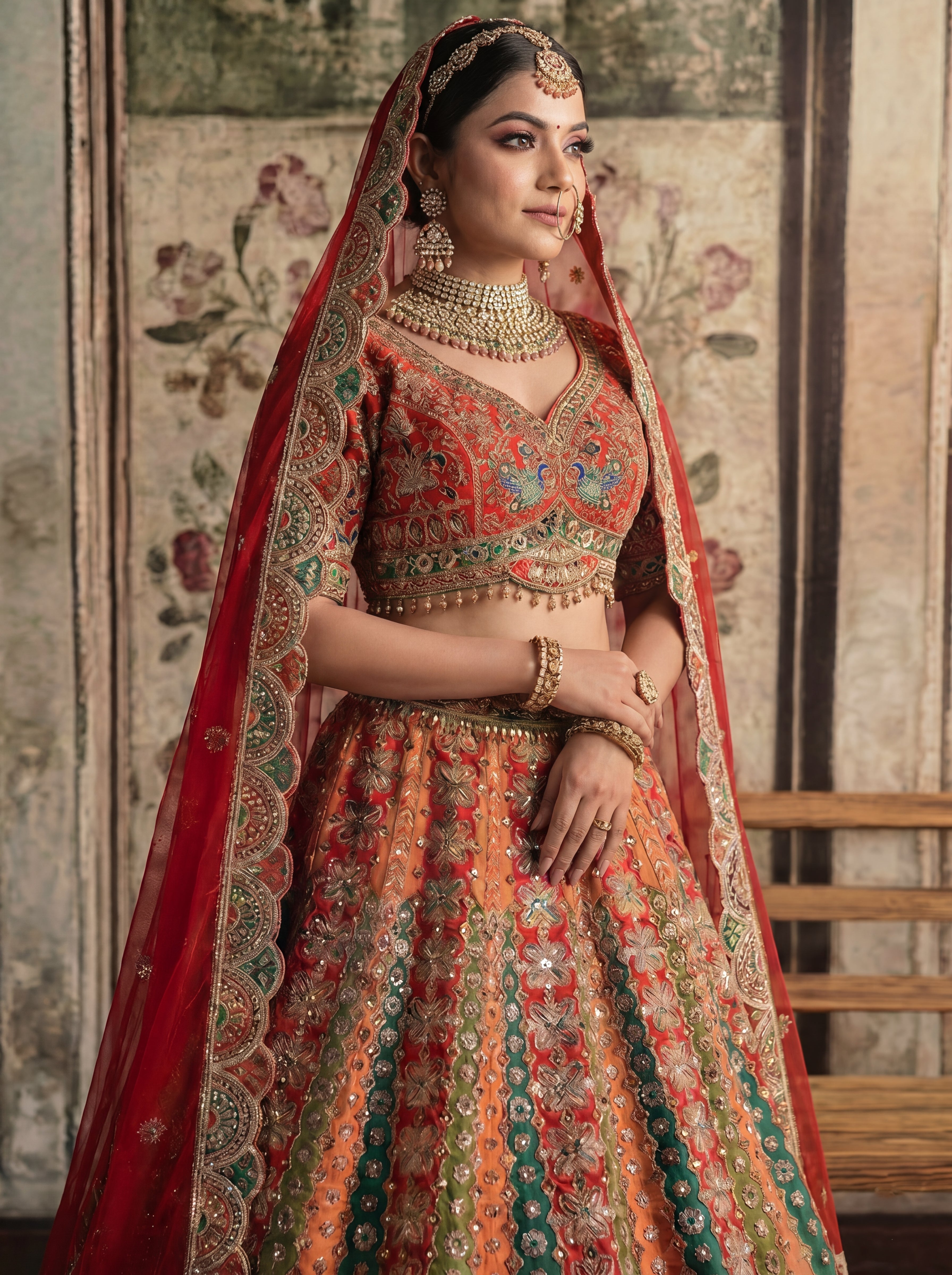 Crimson Red Viscose Mirror Sequins Bridal Lehenga Choli Set